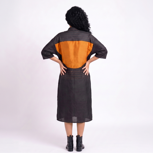 Handwoven Ikat Silk Shirt Dress- Black