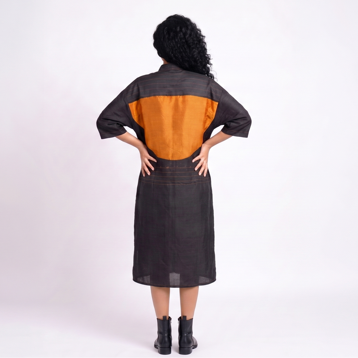 Handwoven Ikat Silk Shirt Dress- Black