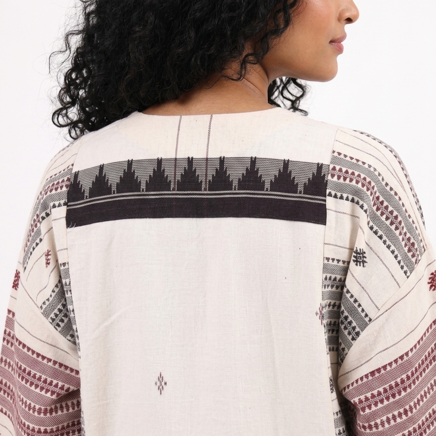 Handwoven Kotpad Medium Jacket - Ivory red black