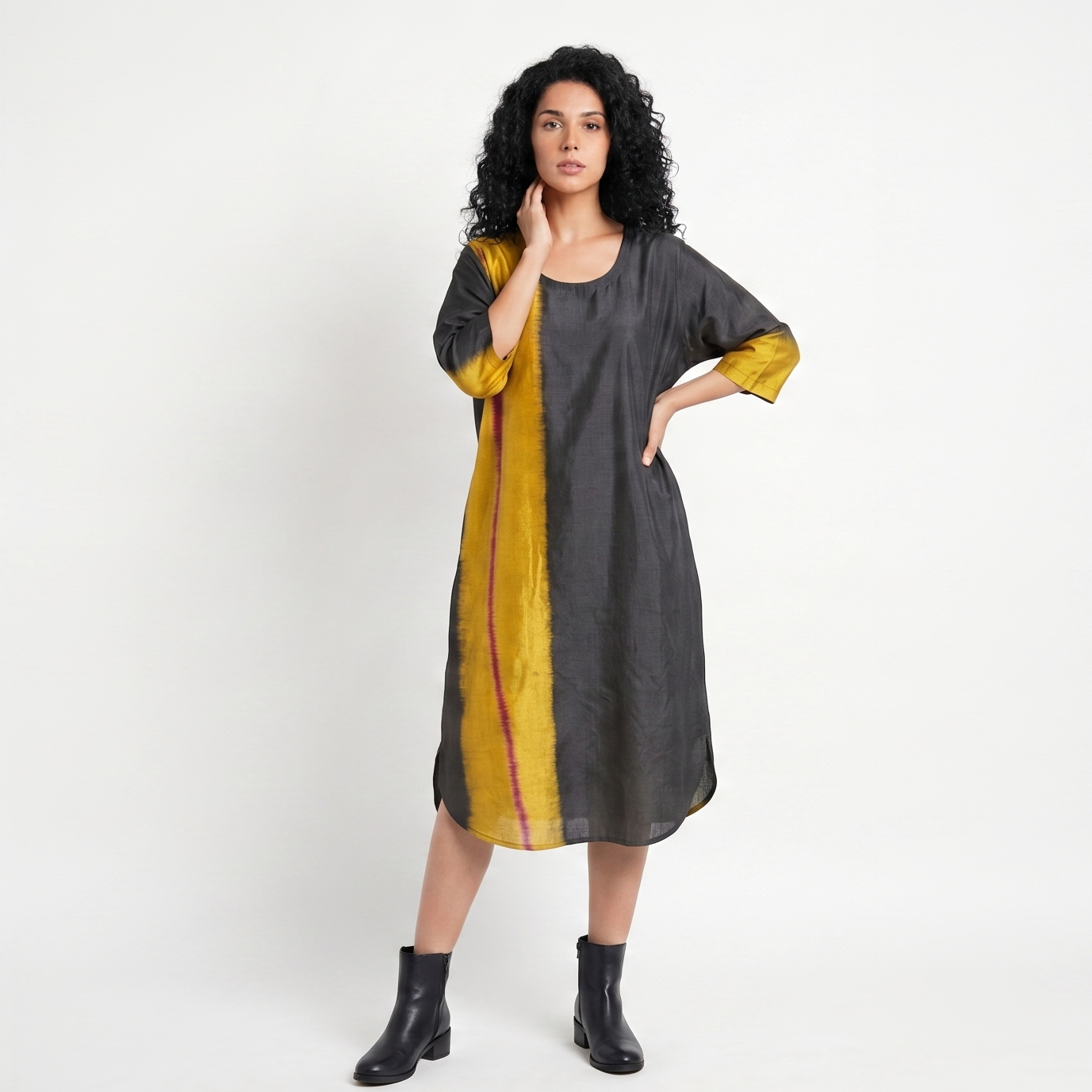 Handwoven Ikat Silk Kurta Dress- Gold