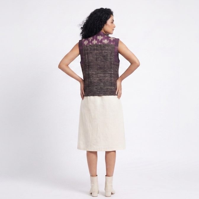 Handwoven Ikat Tussar Silk Vest-  Purple