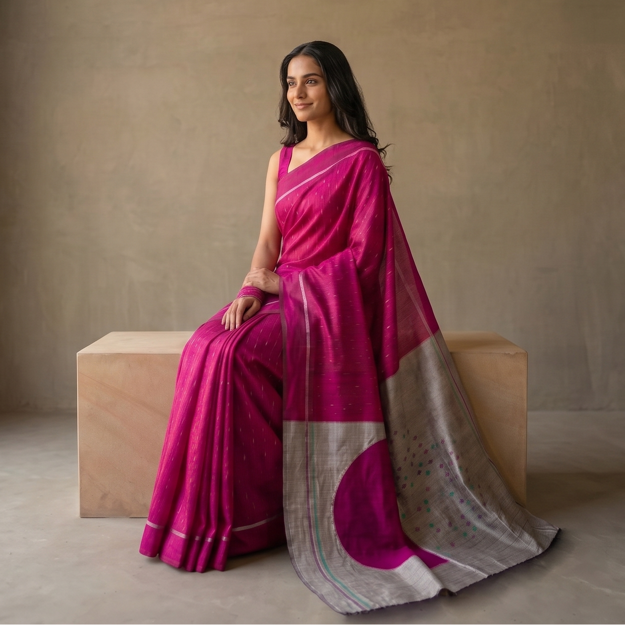 CHAAND Handwoven Ikat Silk Saree - Pink Grey