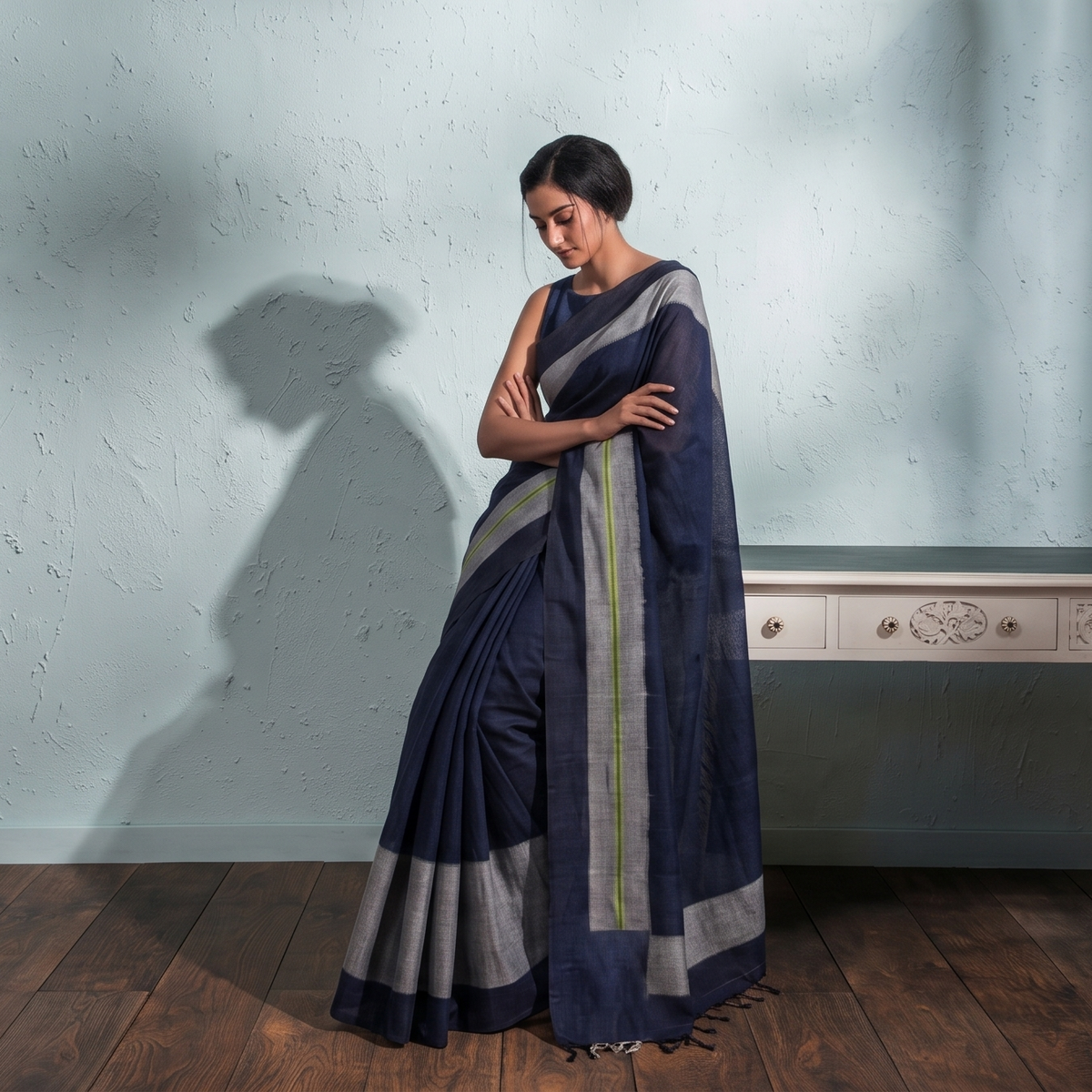 Rekha Ikat Silk Saree - Indigo Silver