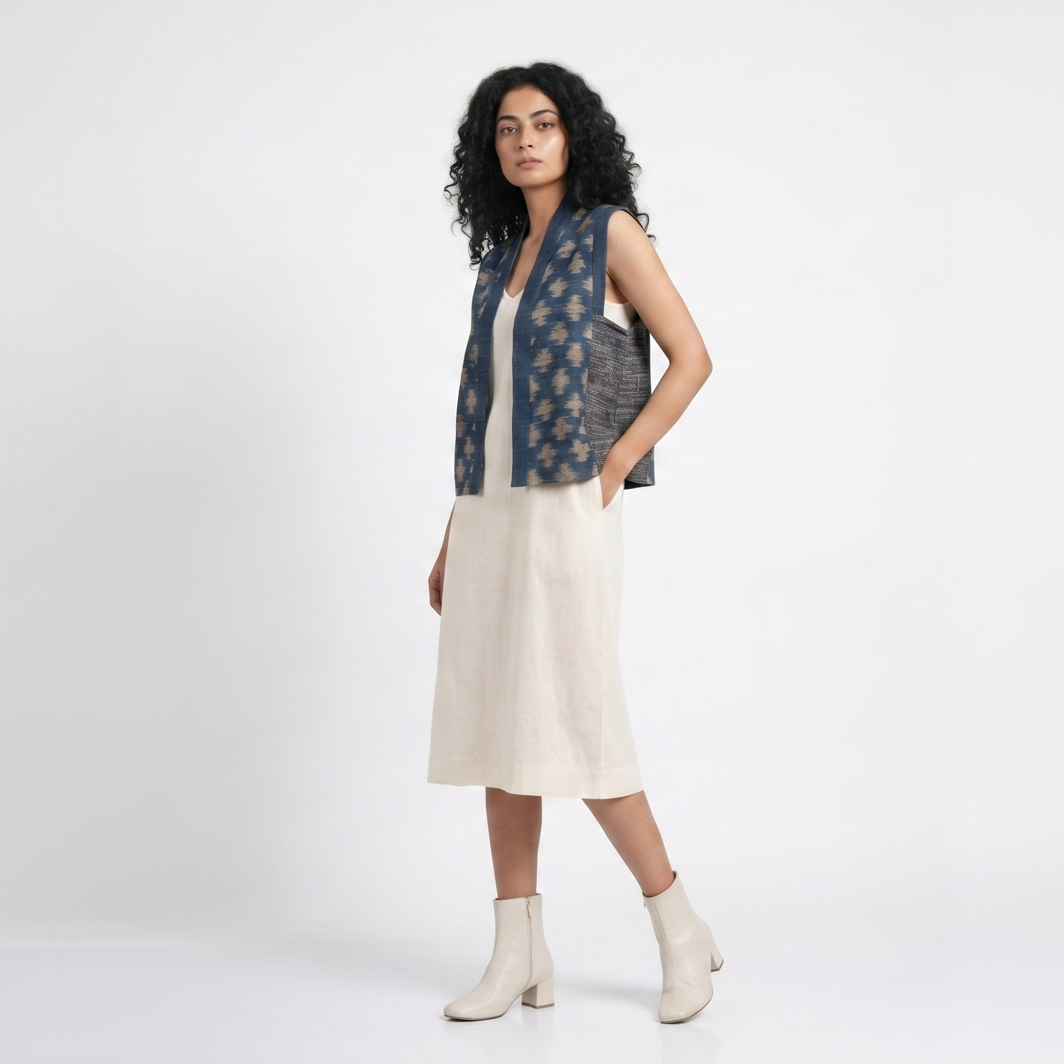 Handwoven Ikat Tussar Silk Vest-  Indigo