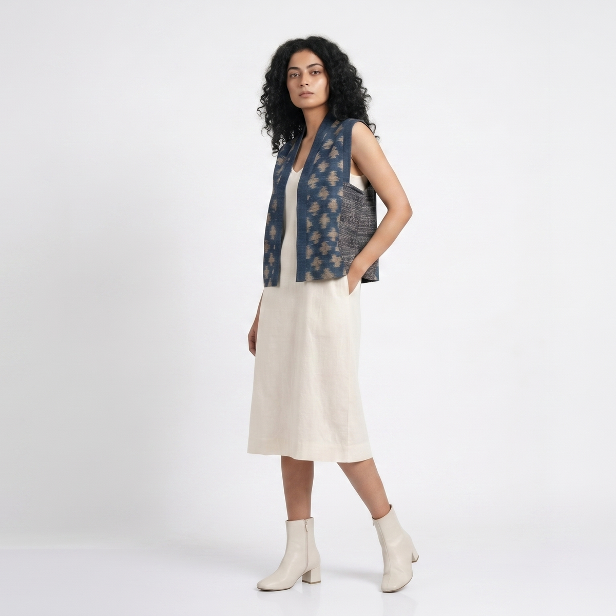 Handwoven Ikat Tussar Silk Vest-  Indigo