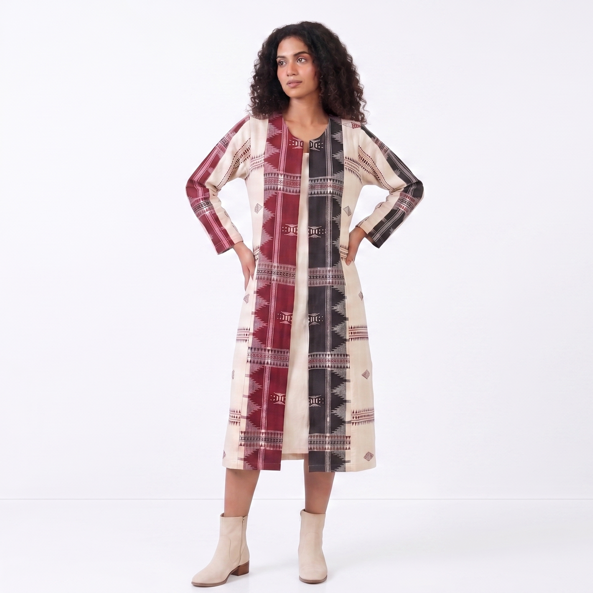 Handwoven Kotpad Long Jacket - Ivory red black