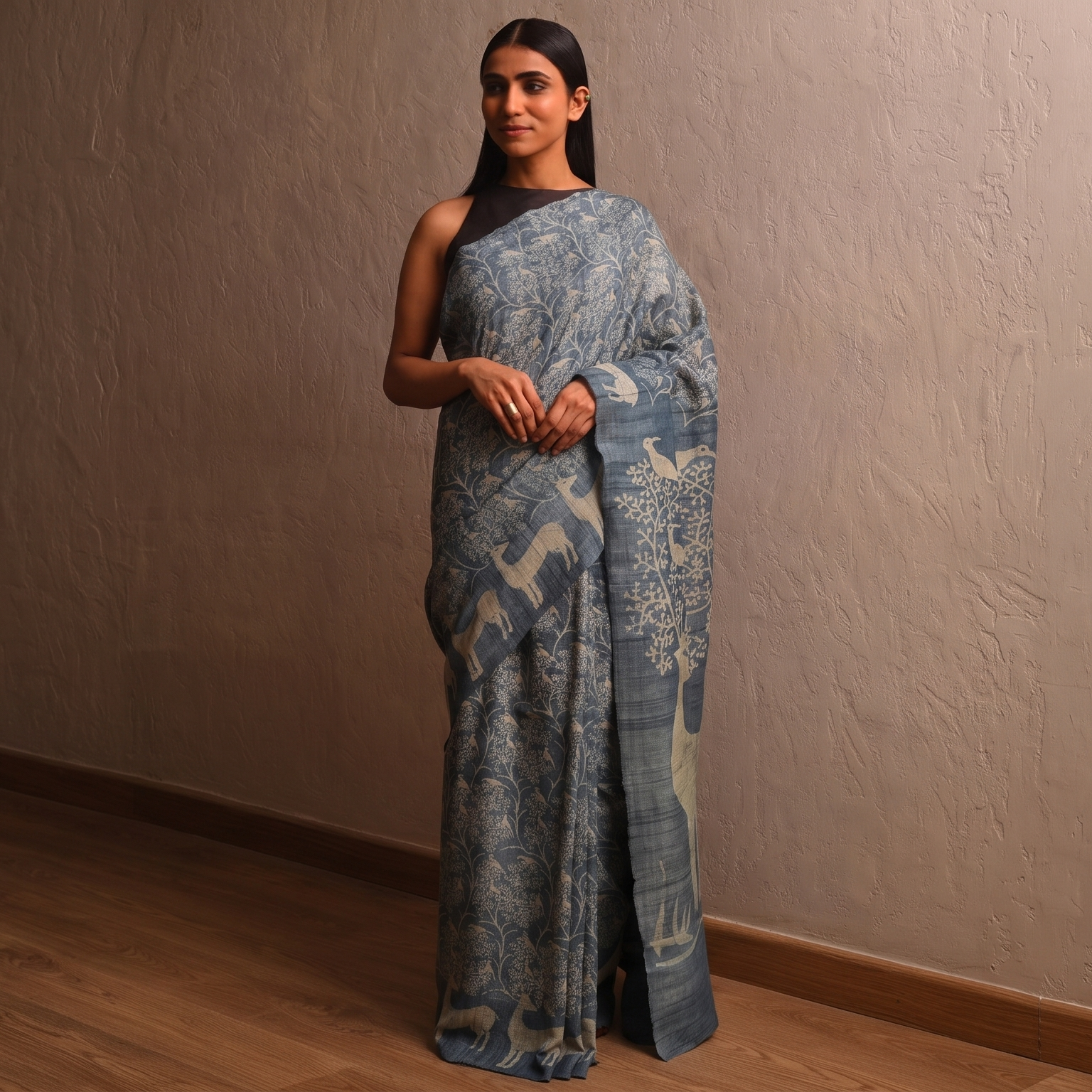 DABU TREE OF LIFE Tussar Silk Saree - Indigo Blue