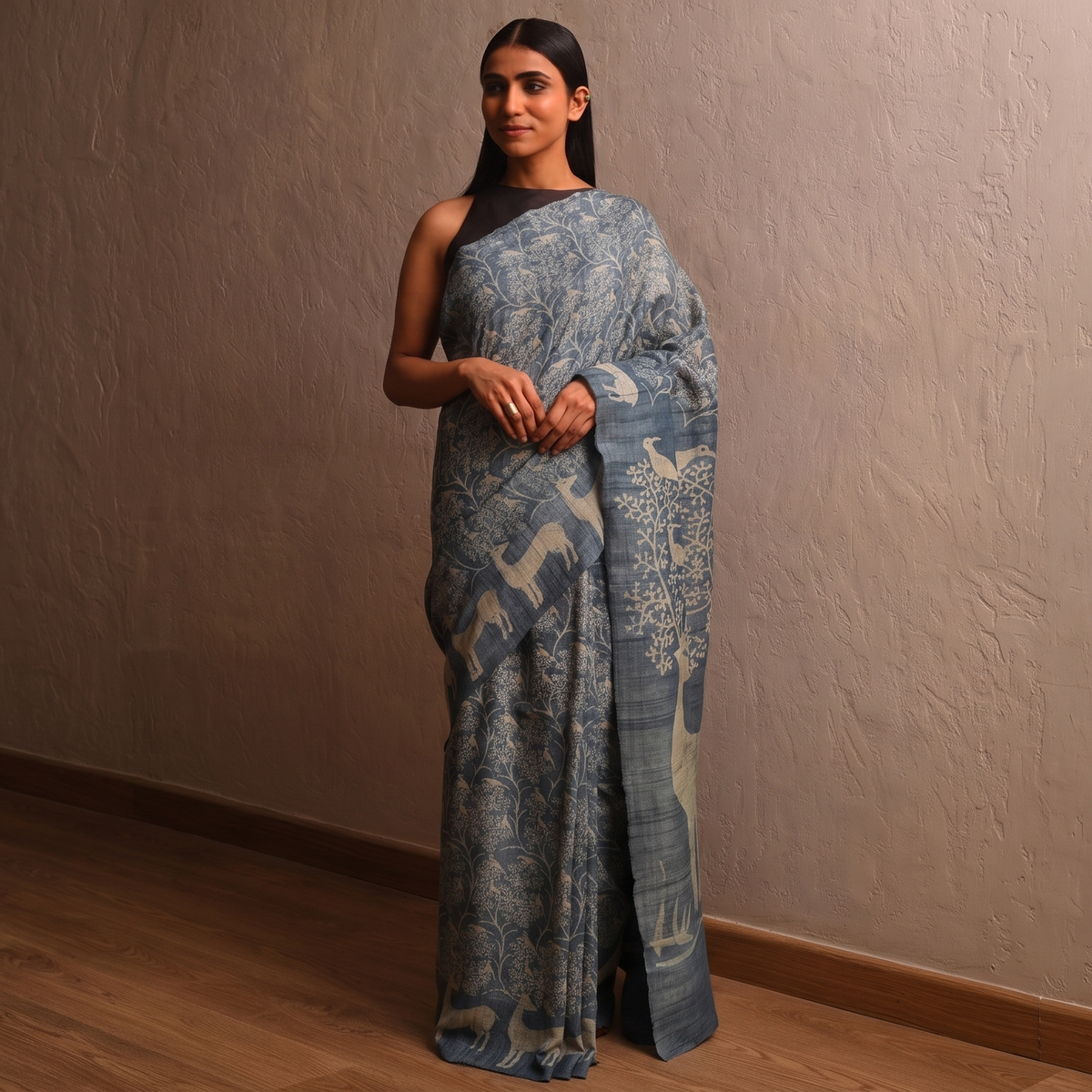 DABU TREE OF LIFE Tussar Silk Saree - Indigo Blue
