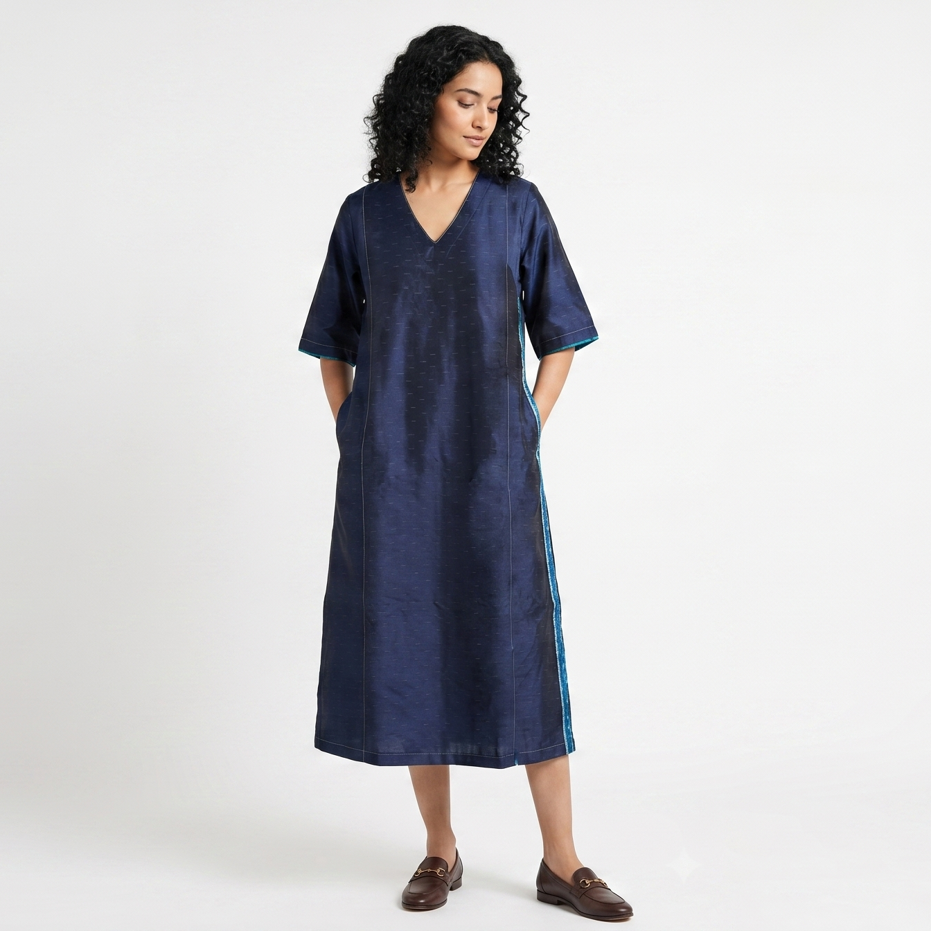 Handwoven Ikat Silk Anarkali Dress- Indigo