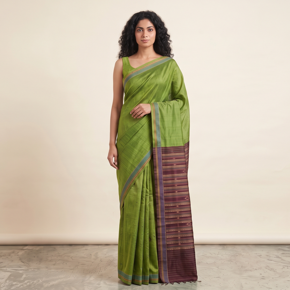 Bomkai Handwoven Tussar Silk Saree - Leaf Green