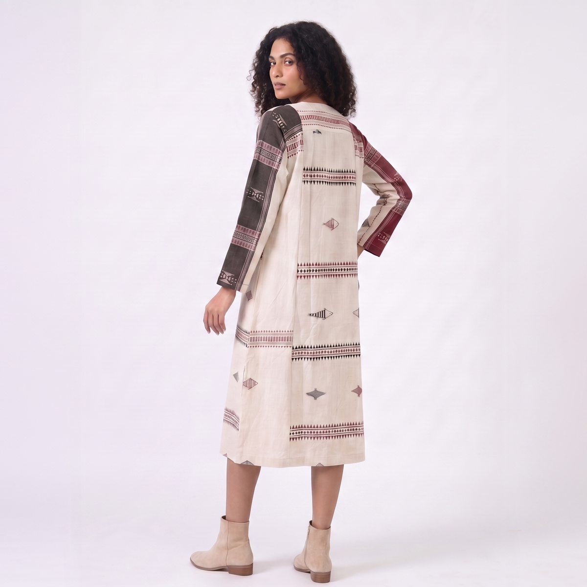 Handwoven Kotpad Long Jacket - Ivory red black