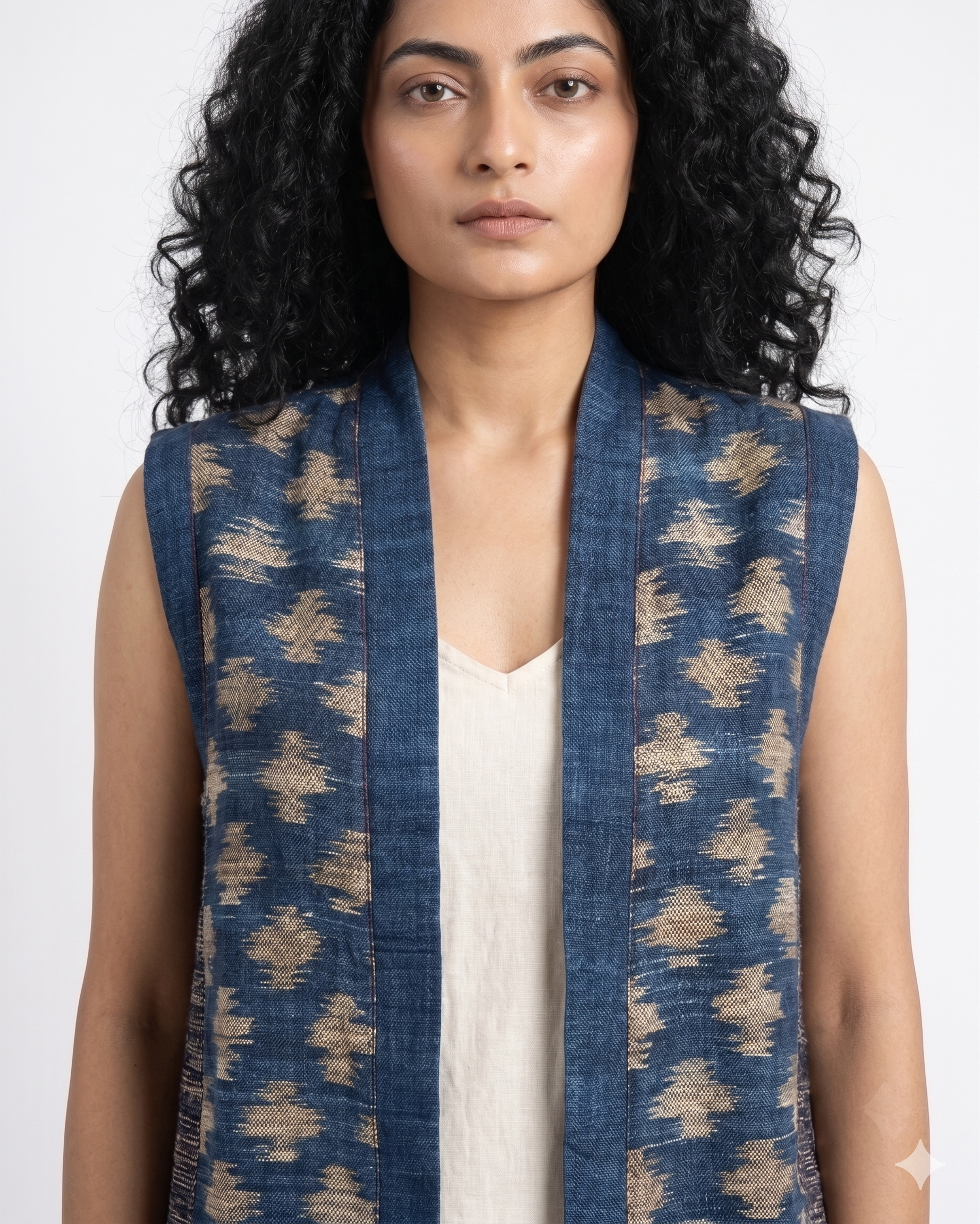 Handwoven Ikat Tussar Silk Vest-  Indigo