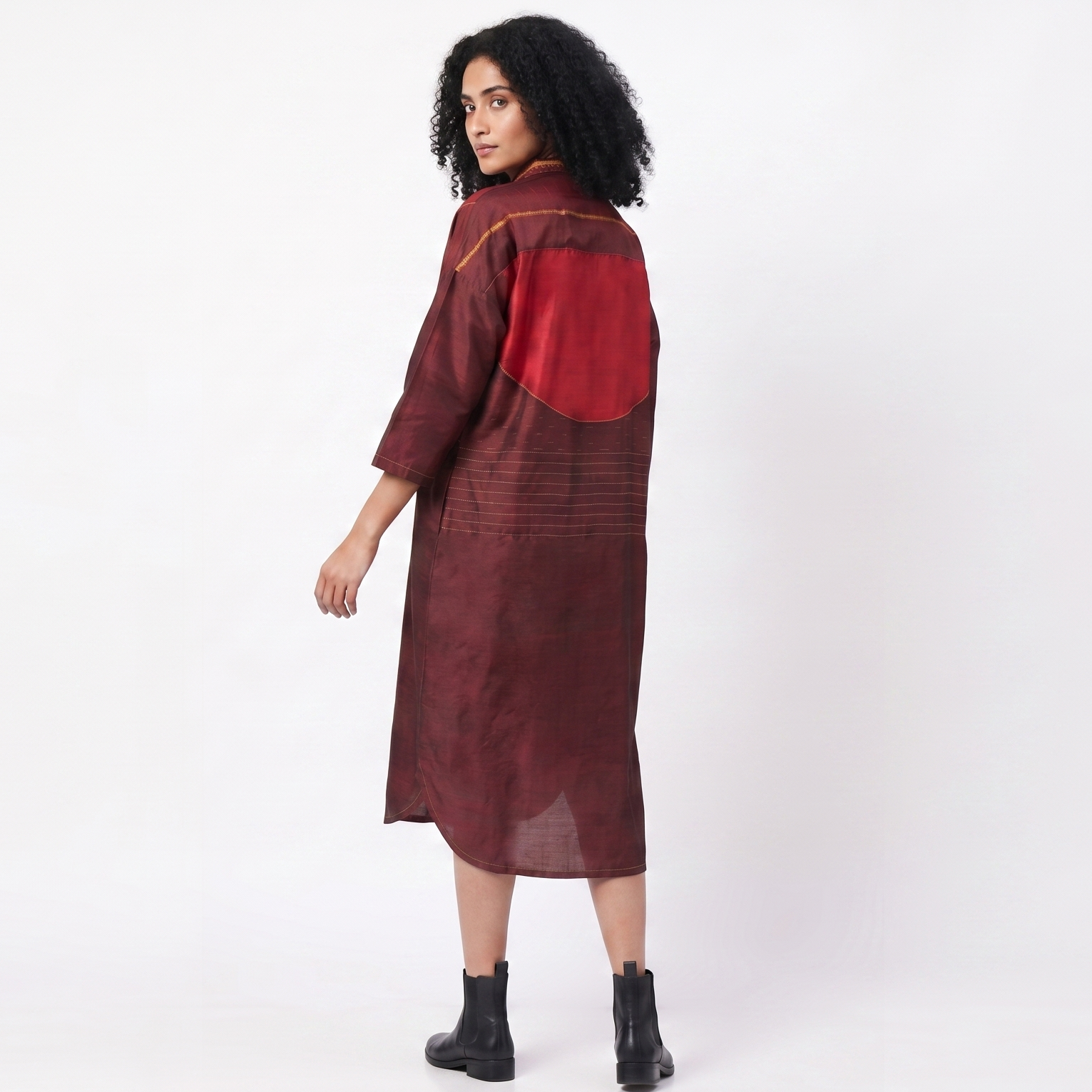 Handwoven Ikat Silk Shirt Dress- Maroon