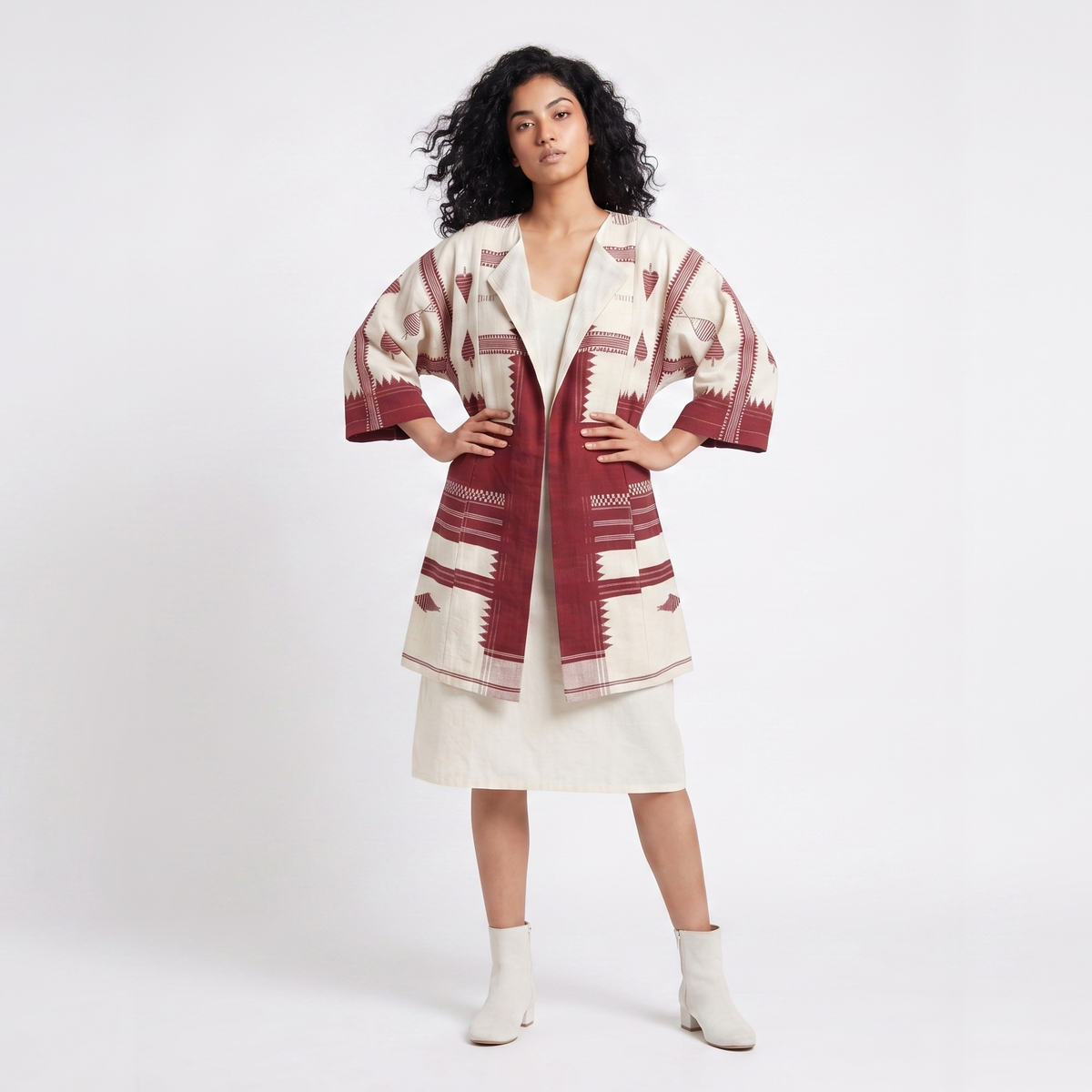 Handwoven Kotpad Medium Jacket - Ivory red