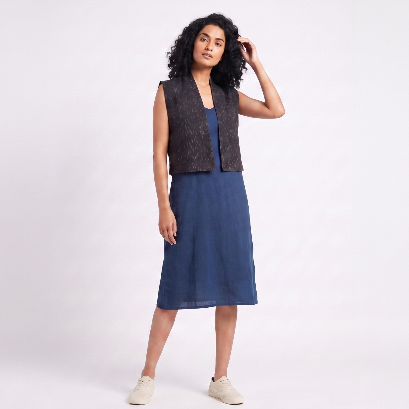 Handwoven Ikat Tussar Silk Vest-  Indigo