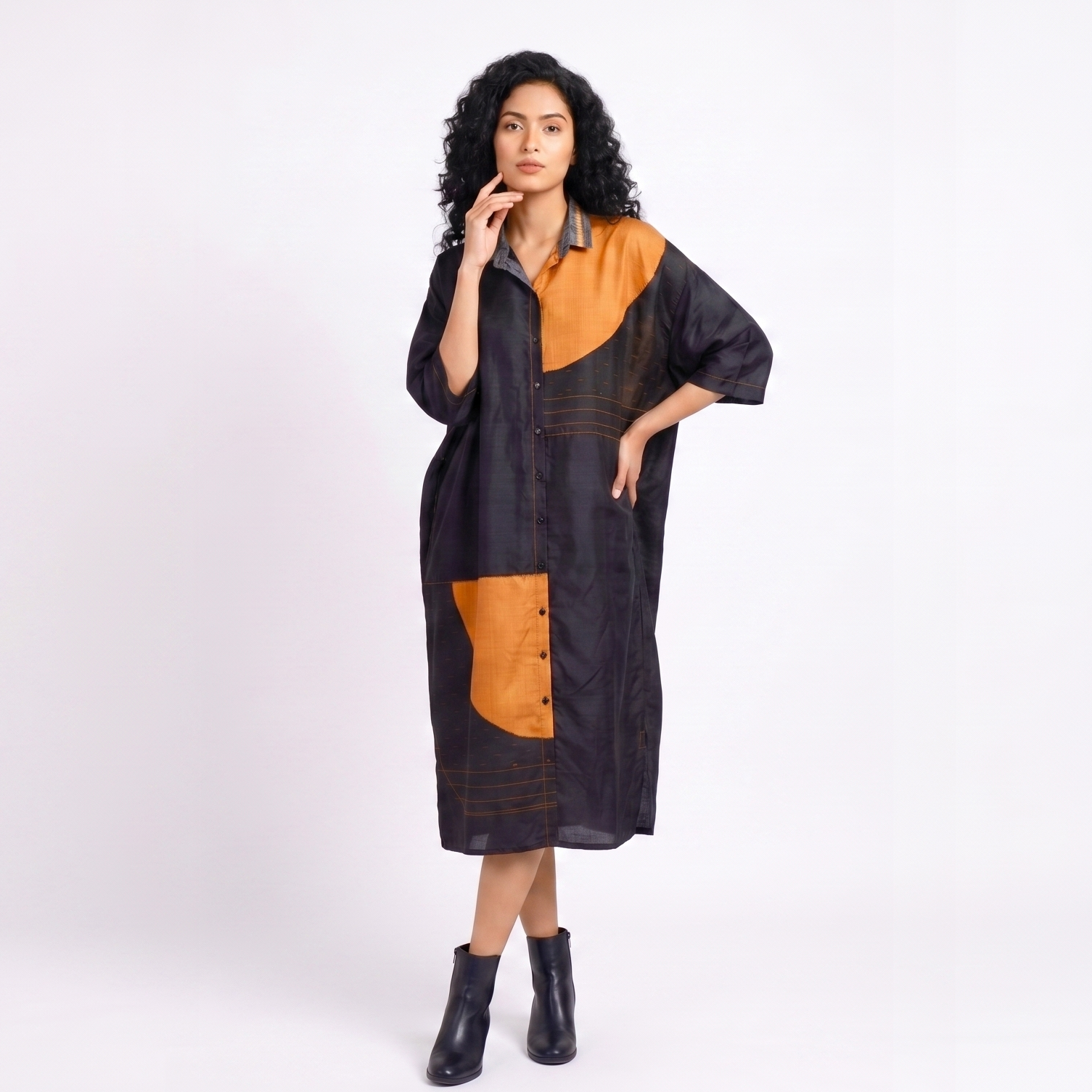 Handwoven Ikat Silk Shirt Dress- Black