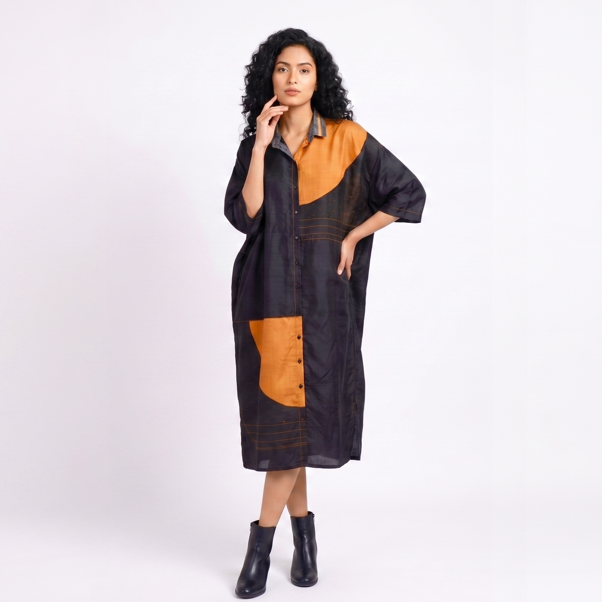 Handwoven Ikat Silk Shirt Dress- Black