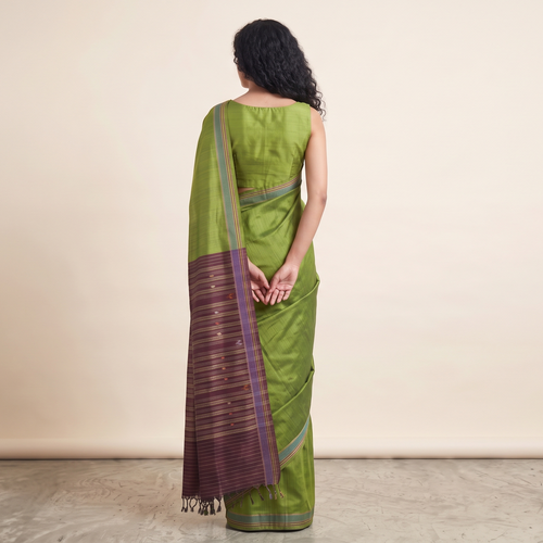 Bomkai Handwoven Tussar Silk Saree - Leaf Green