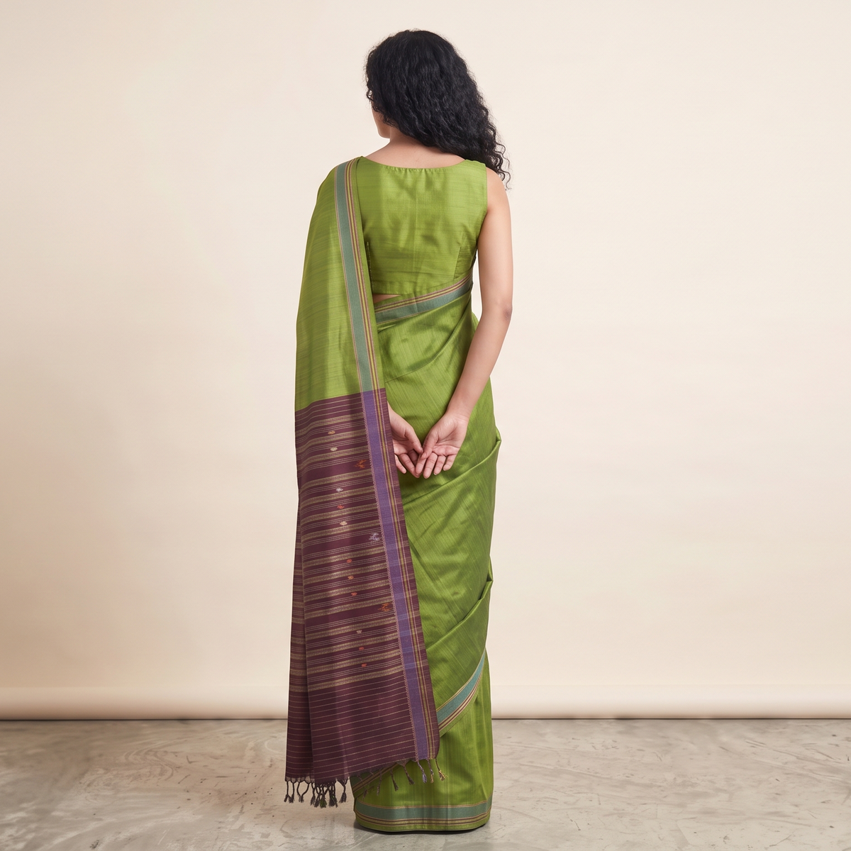 Bomkai Handwoven Tussar Silk Saree - Leaf Green
