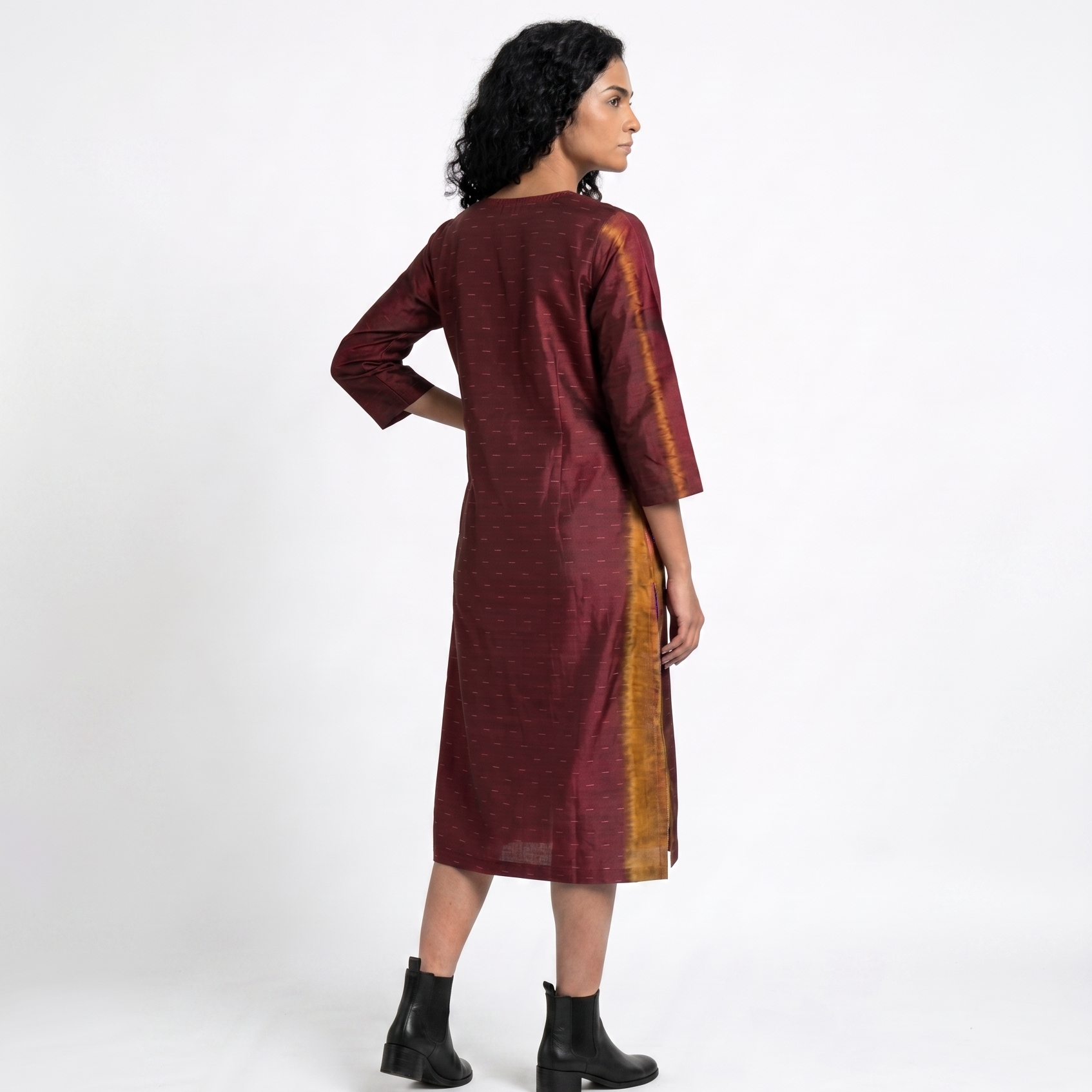 Handwoven Ikat Silk Kurta Dress- Maroon