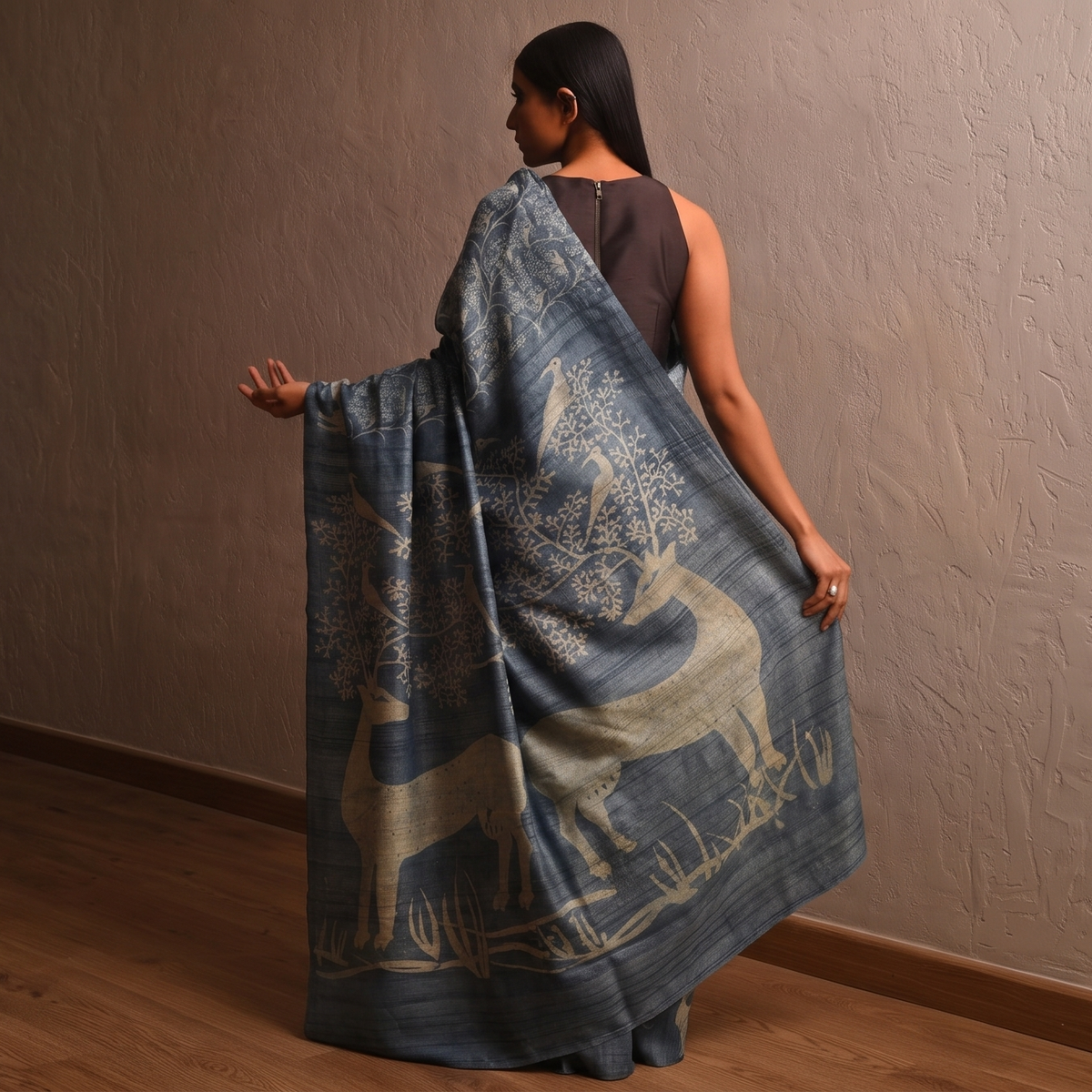 DABU TREE OF LIFE Tussar Silk Saree - Indigo Blue