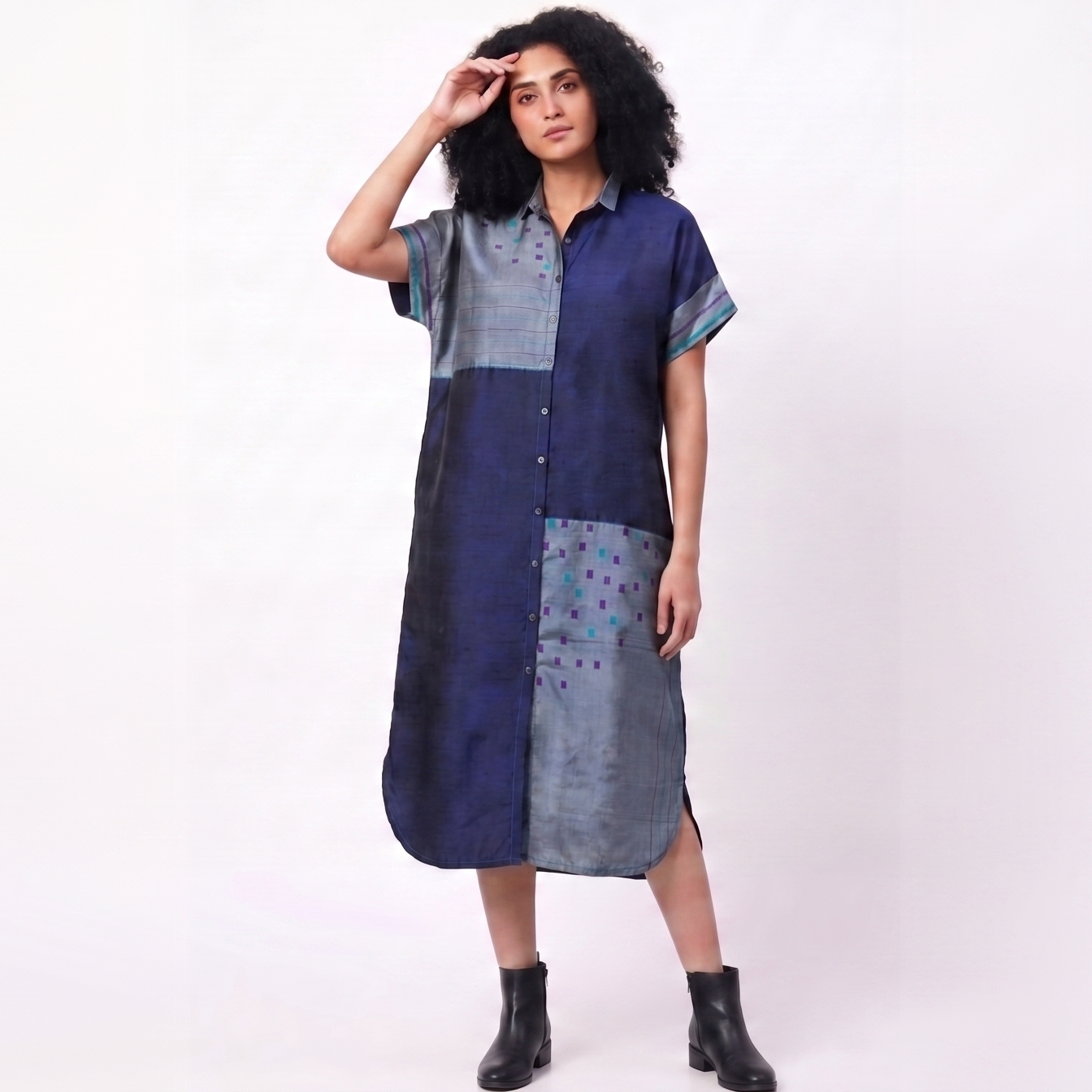 Handwoven Ikat Silk Shirt Dress- Indigo