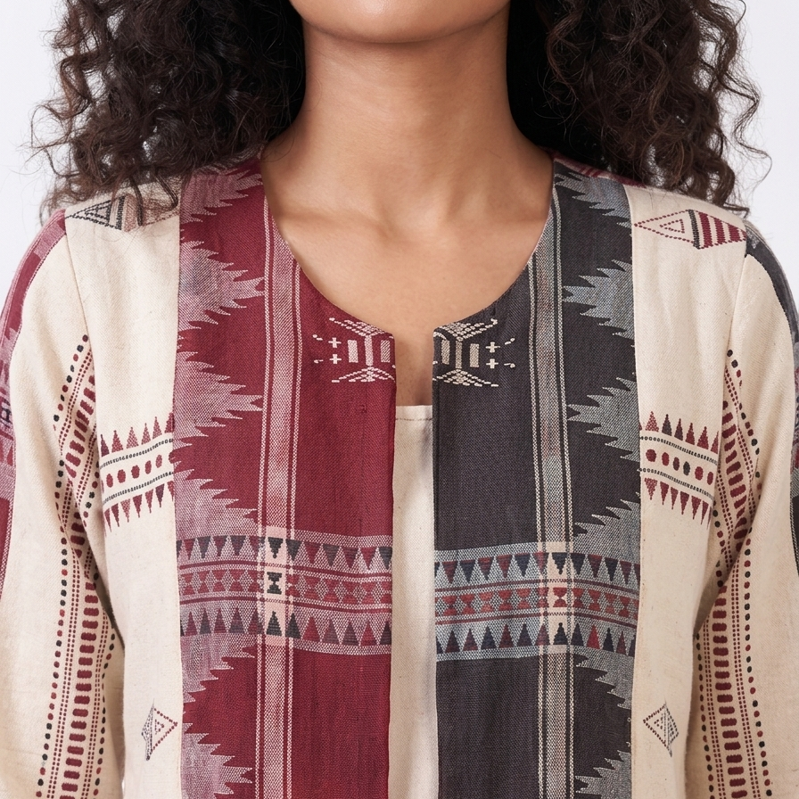 Handwoven Kotpad Long Jacket - Ivory red black