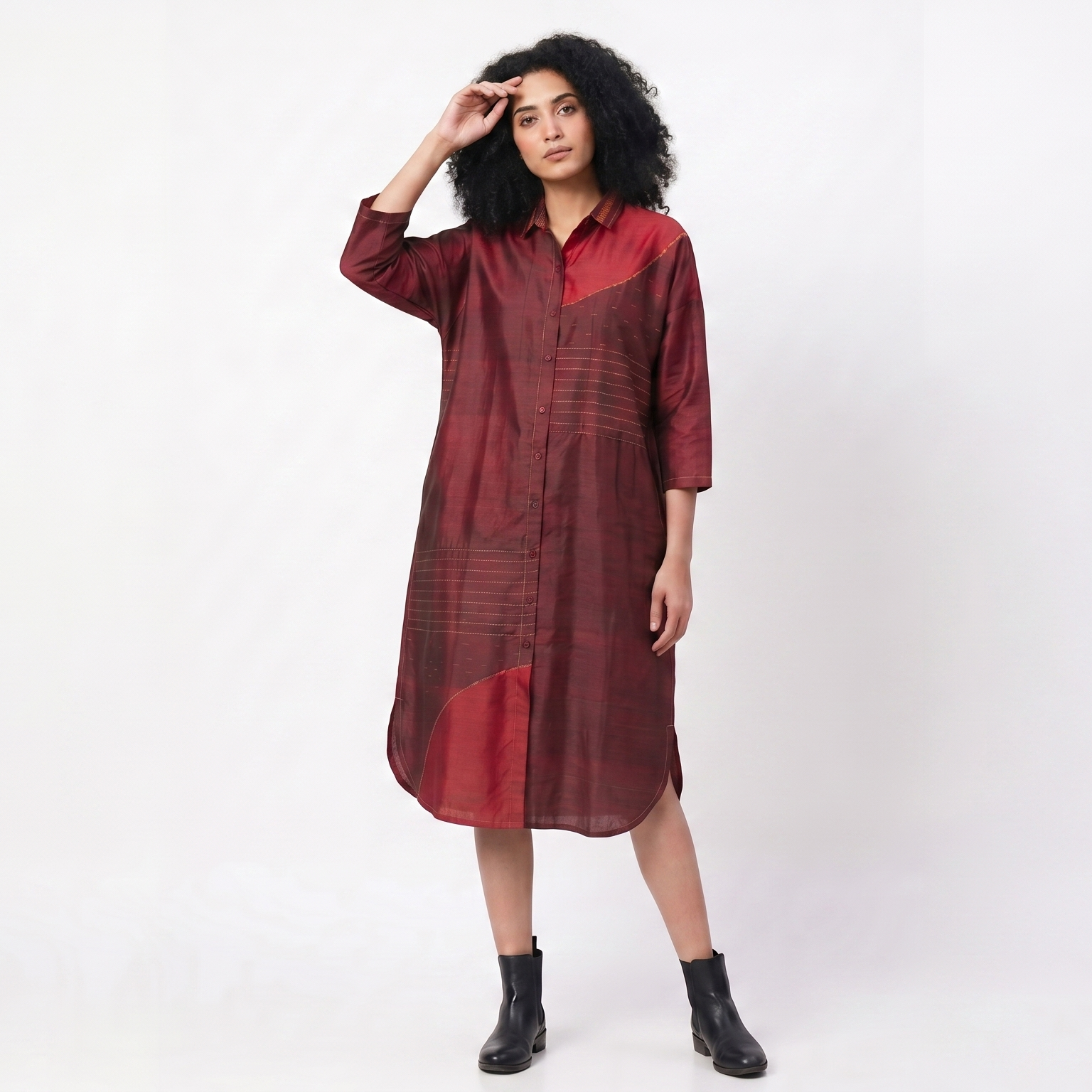 Handwoven Ikat Silk Shirt Dress- Maroon