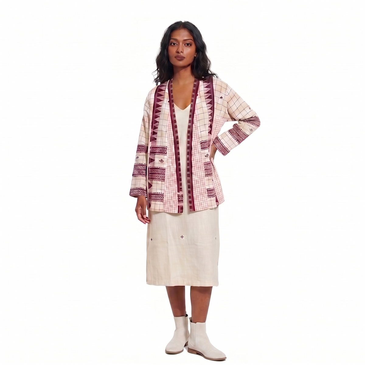 Handwoven Kotpad Medium Jacket - Ivory red