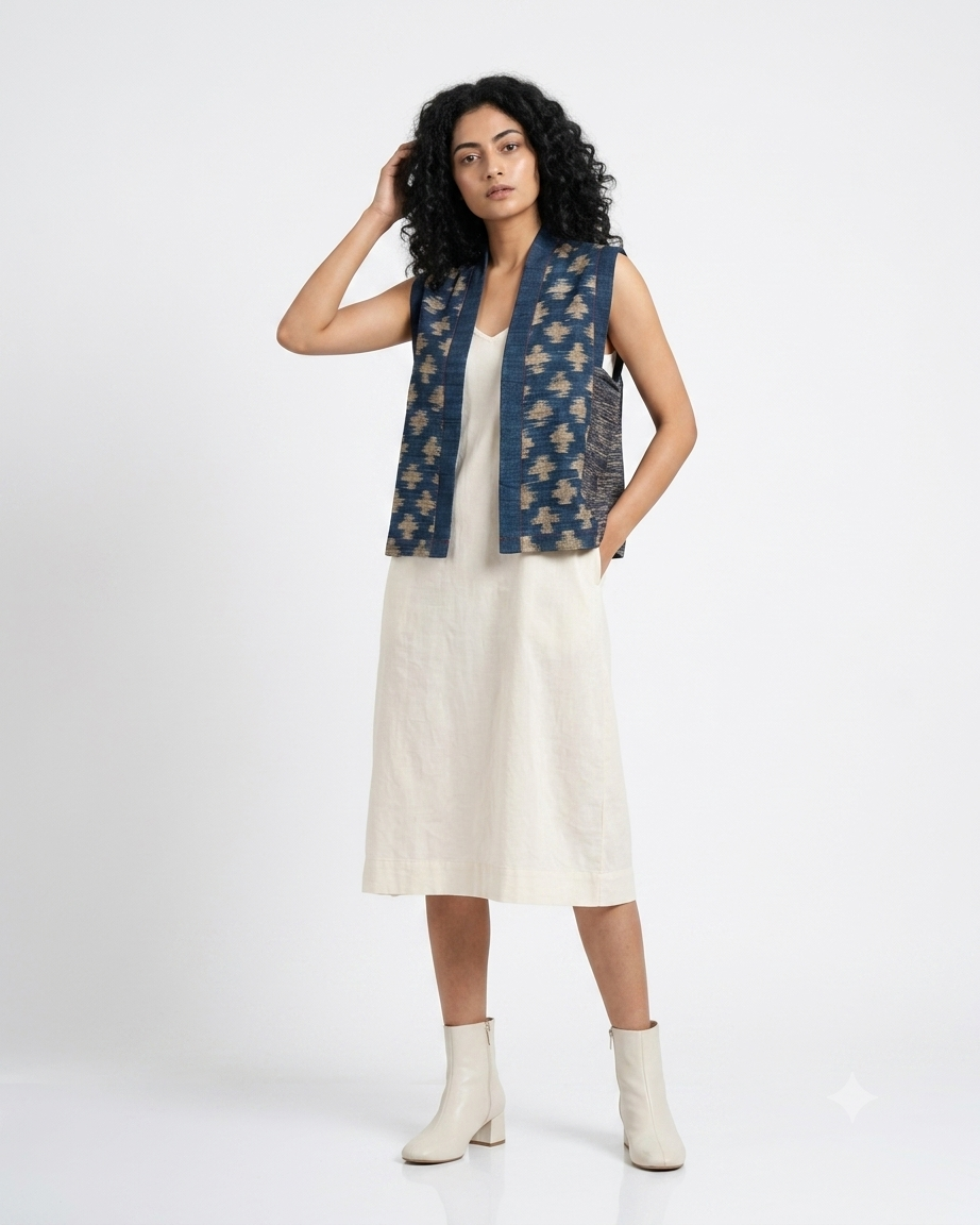 Handwoven Ikat Tussar Silk Vest-  Indigo