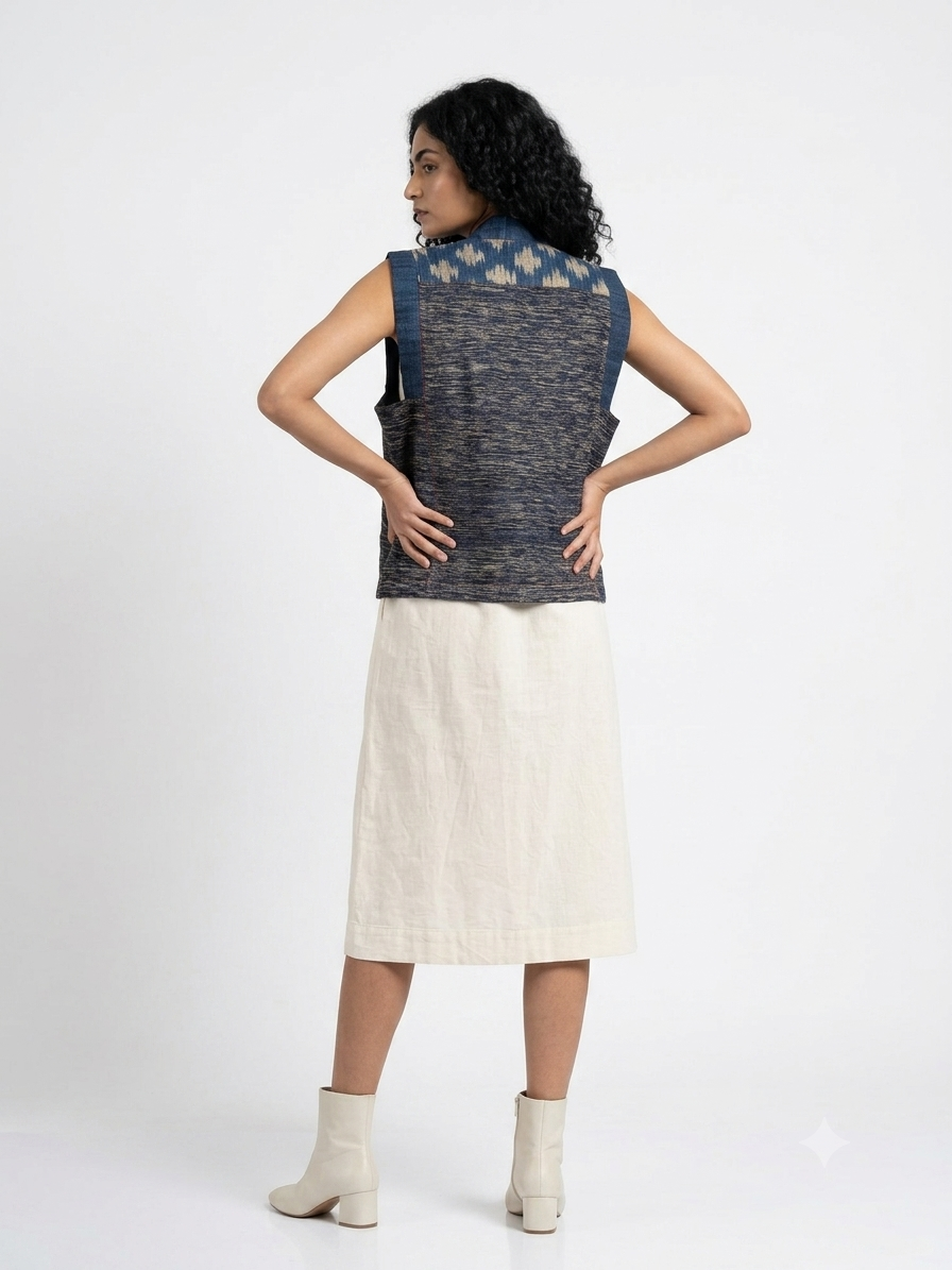 Handwoven Ikat Tussar Silk Vest-  Indigo