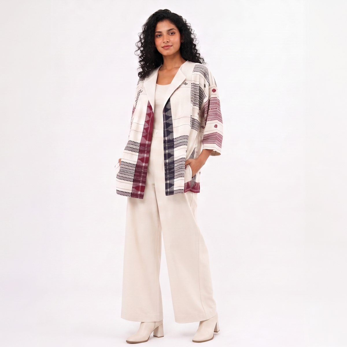 Handwoven Kotpad Medium Jacket - Ivory red black