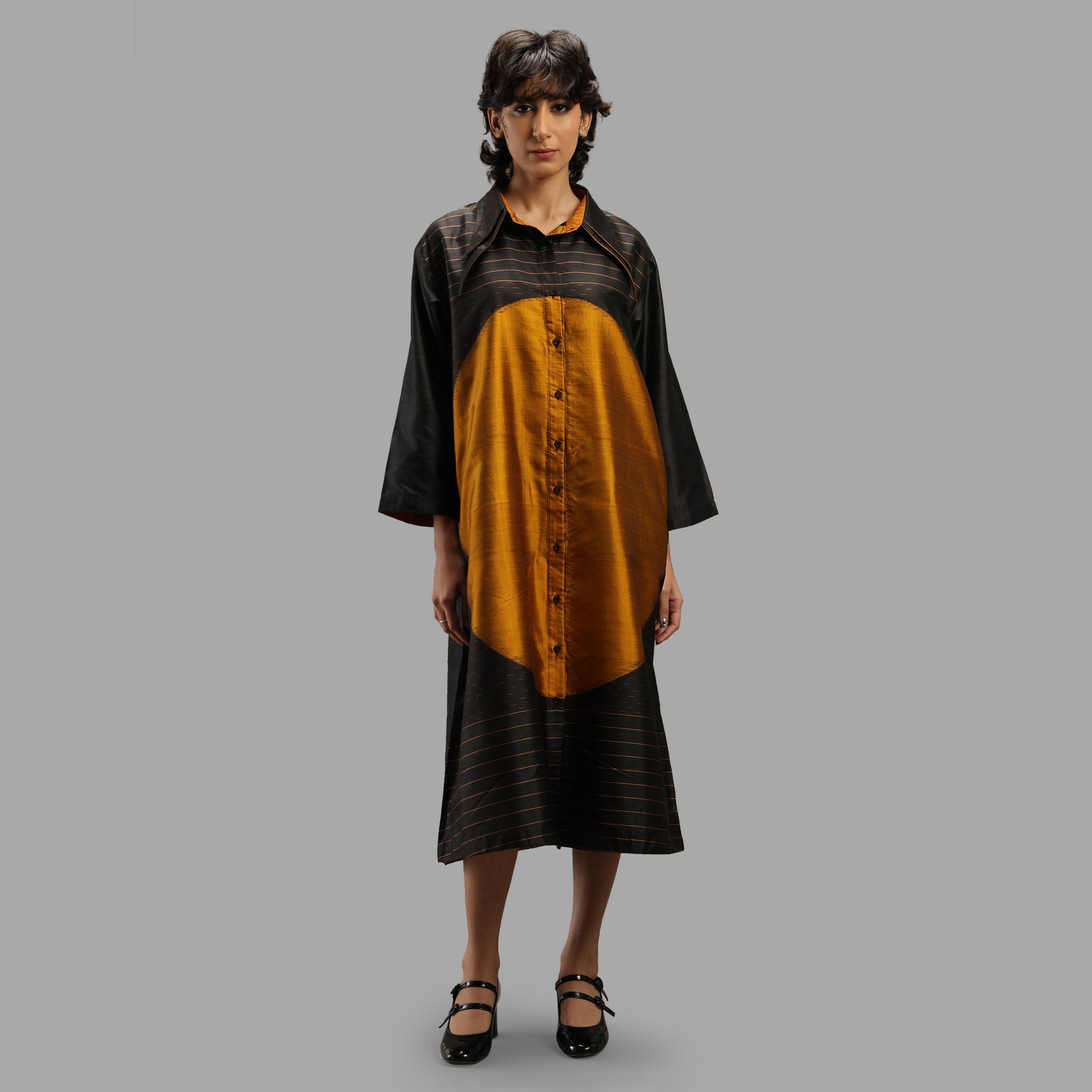 Handwoven Ikat Silk Double Collar Dress- Shunya Black