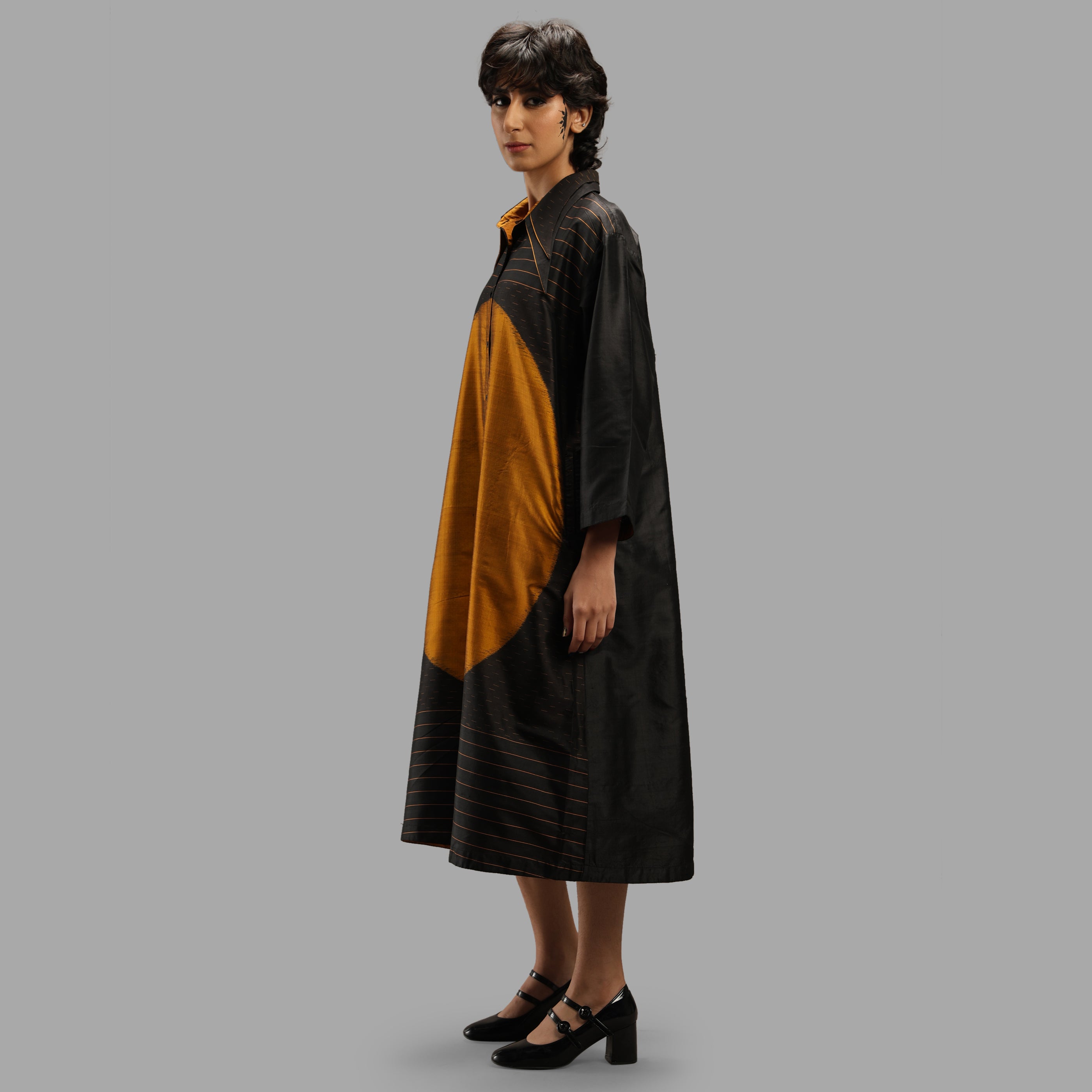 Handwoven Ikat Silk Double Collar Dress- Shunya Black
