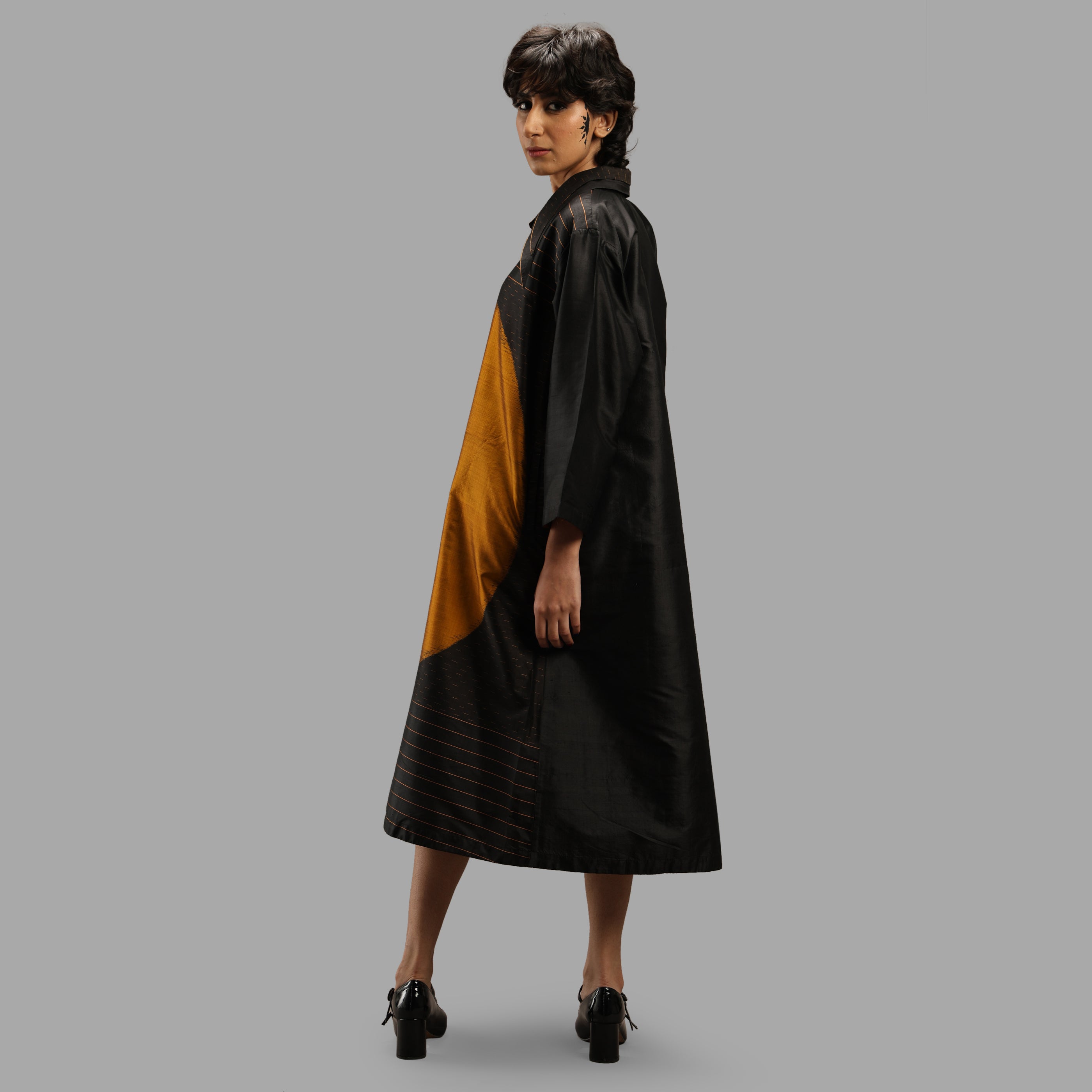 Handwoven Ikat Silk Double Collar Dress- Shunya Black