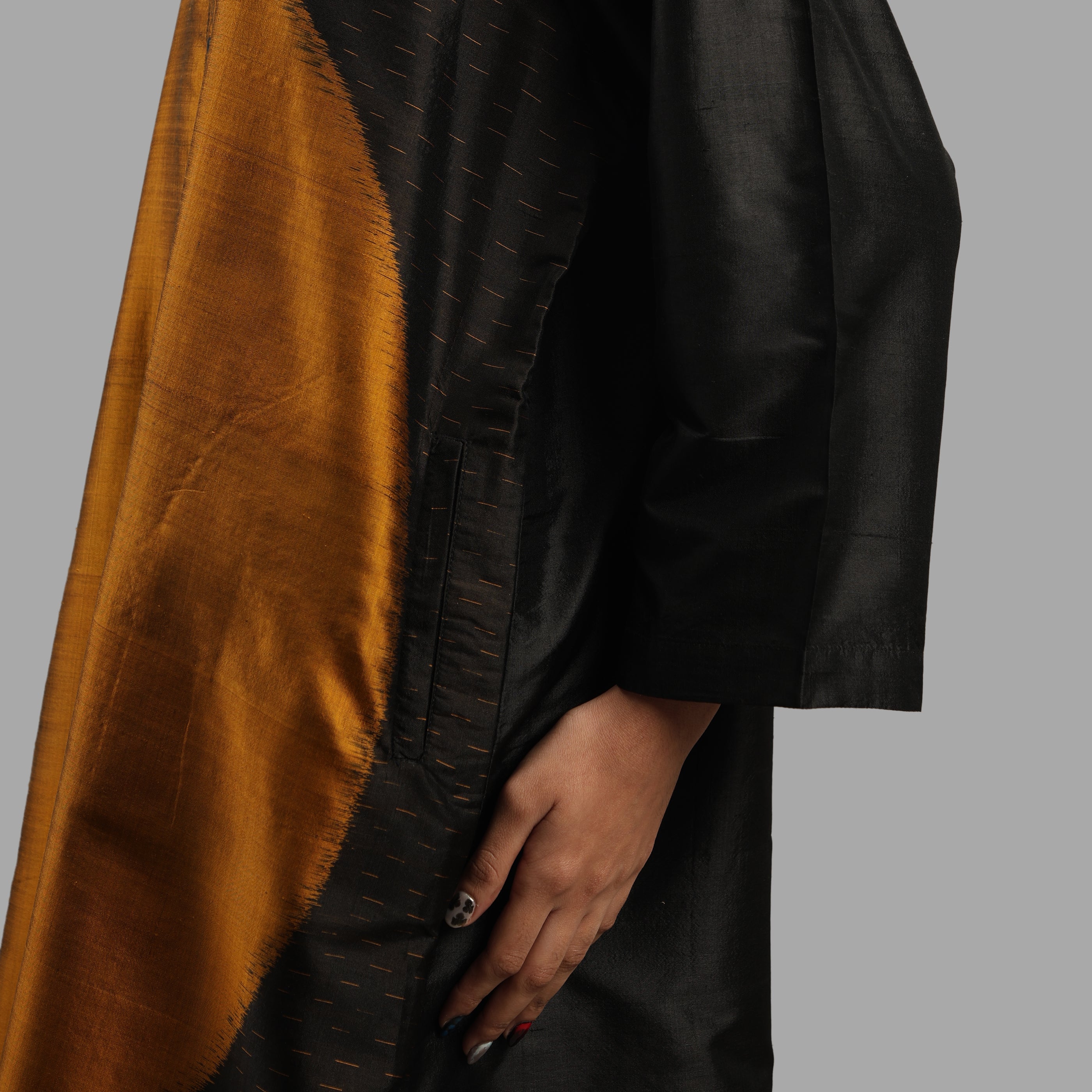 Handwoven Ikat Silk Double Collar Dress- Shunya Black