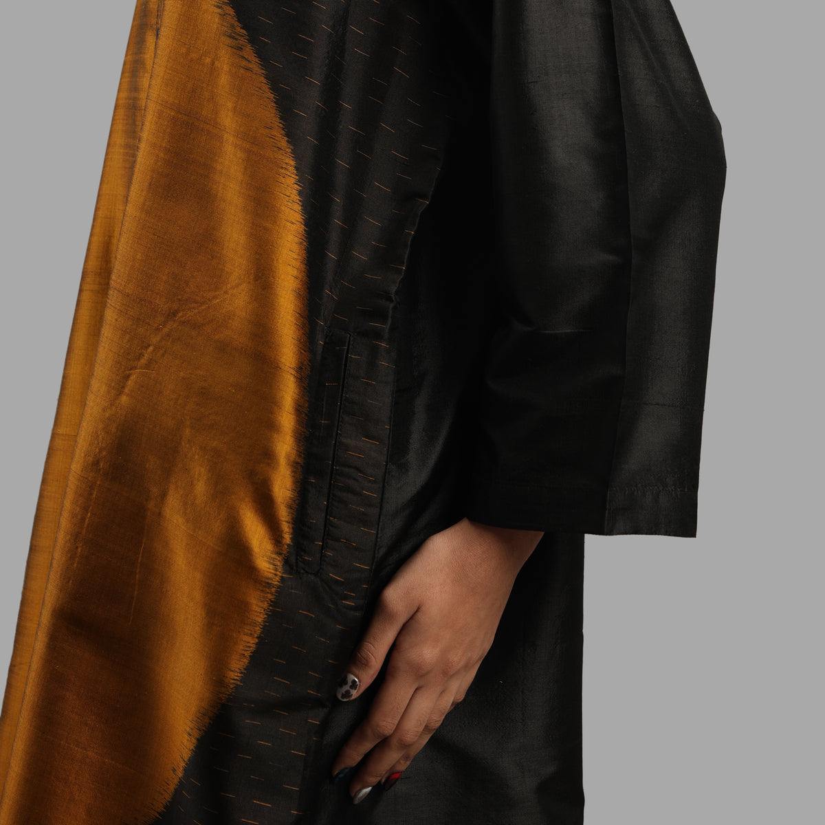 Handwoven Ikat Silk Double Collar Dress- Shunya Black