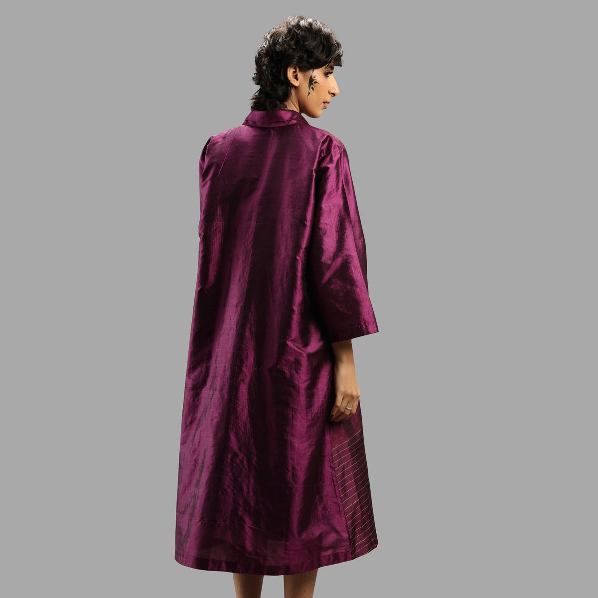 Handwoven Ikat Silk Double Collar Dress- Shunya Purple