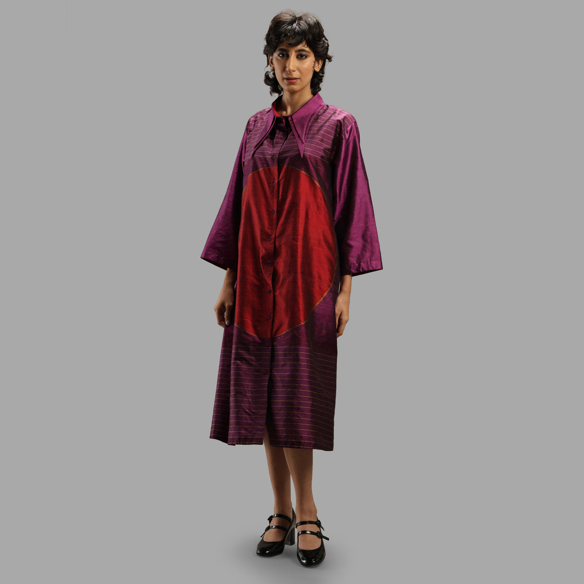 Handwoven Ikat Silk Double Collar Dress- Shunya Purple