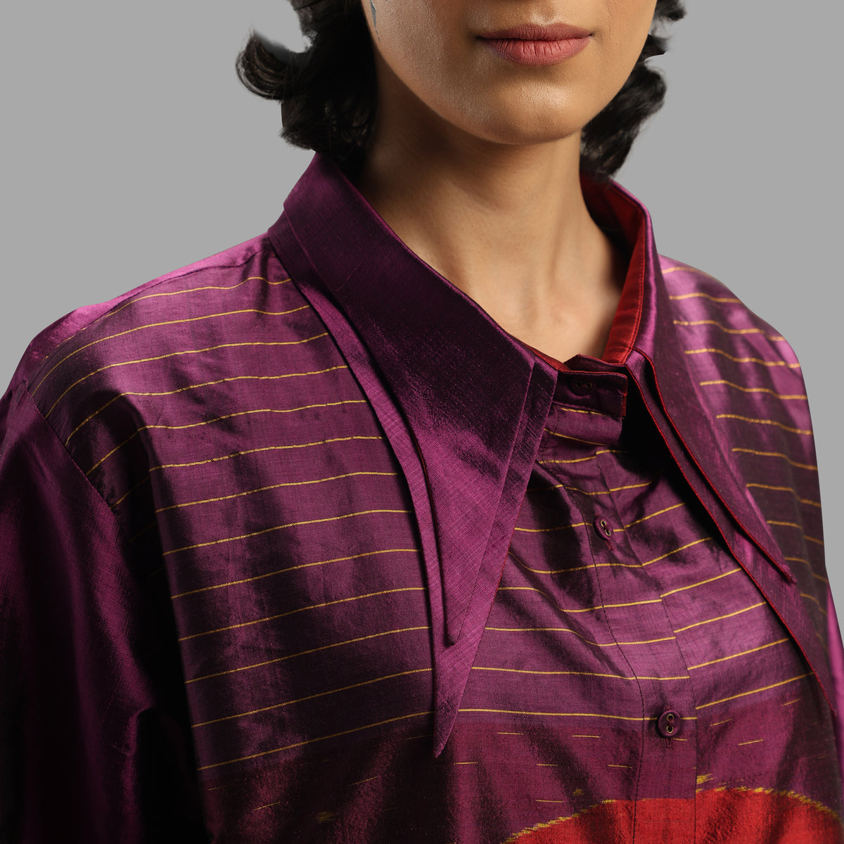 Handwoven Ikat Silk Double Collar Dress- Shunya Purple