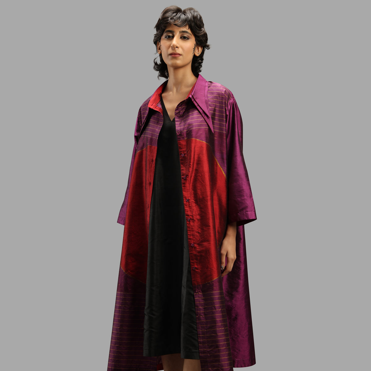 Handwoven Ikat Silk Double Collar Dress- Shunya Purple