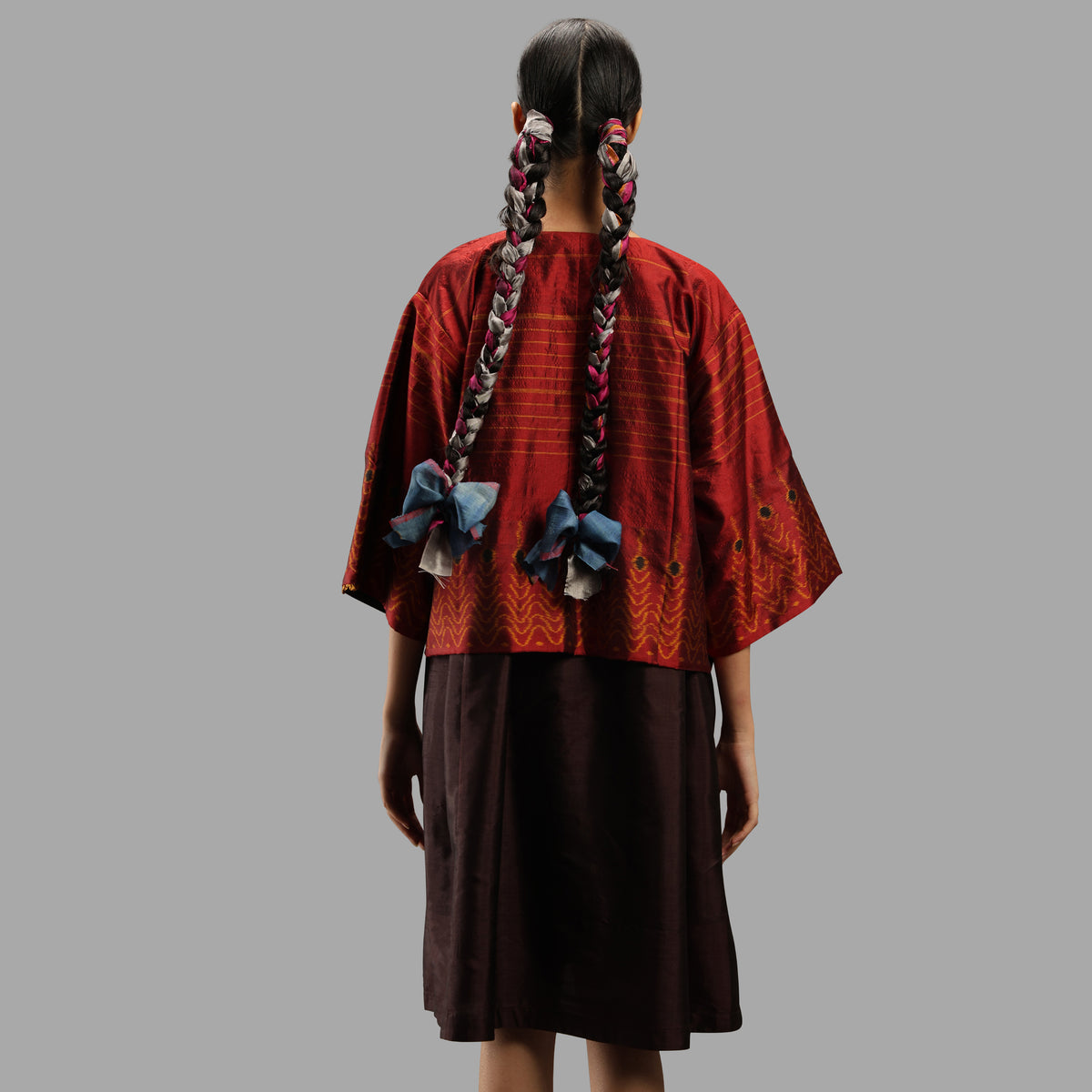 Handwoven Ikat Silk Reversible Short Jacket- Sarong Red