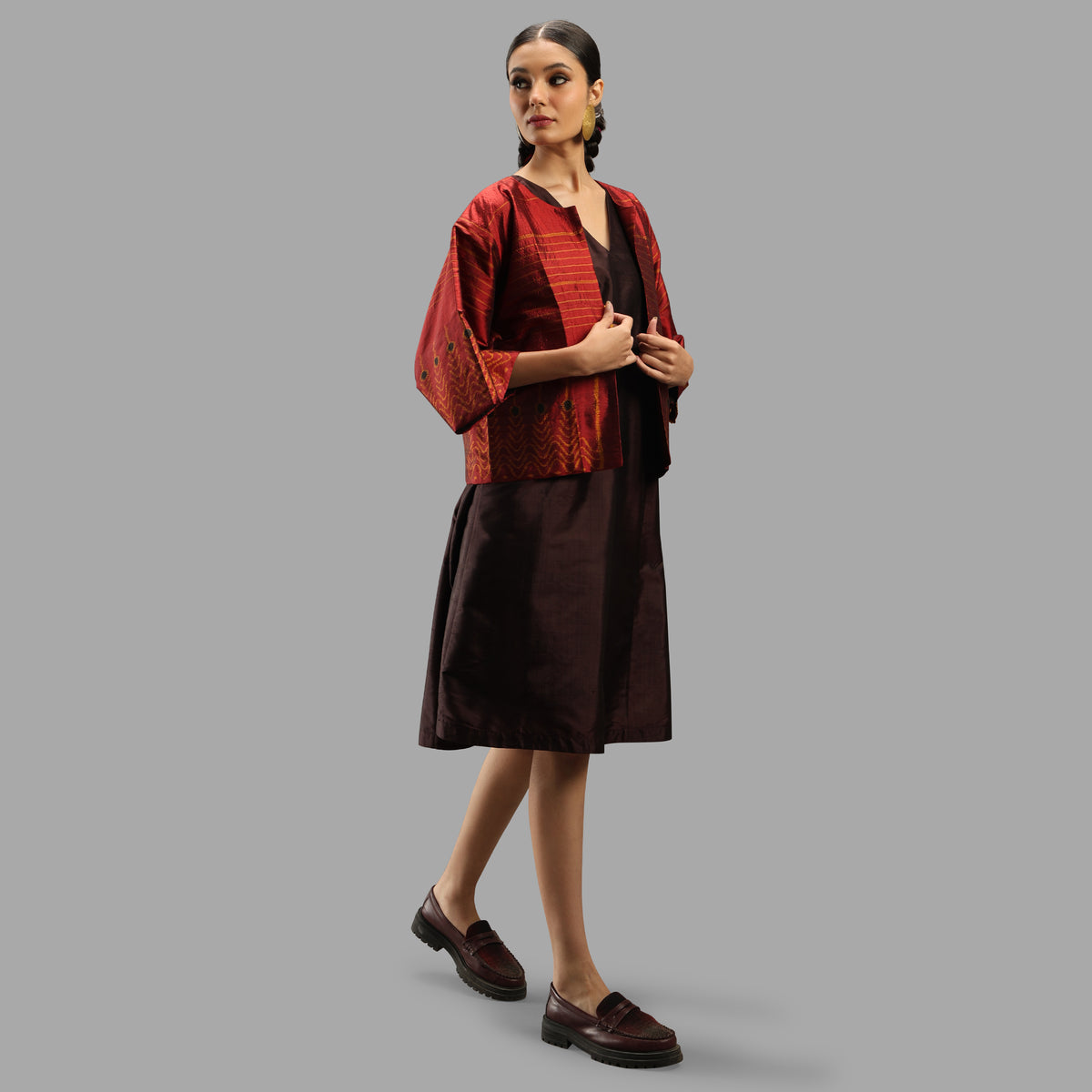 Handwoven Ikat Silk Reversible Short Jacket- Sarong Red