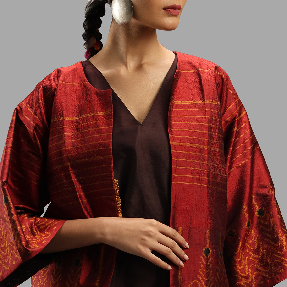 Handwoven Ikat Silk Reversible Short Jacket- Sarong Red