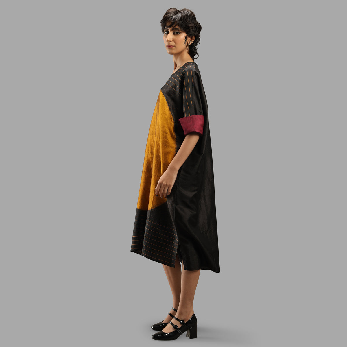 Handwoven Ikat Silk Kaftan Dress- Shunya Black