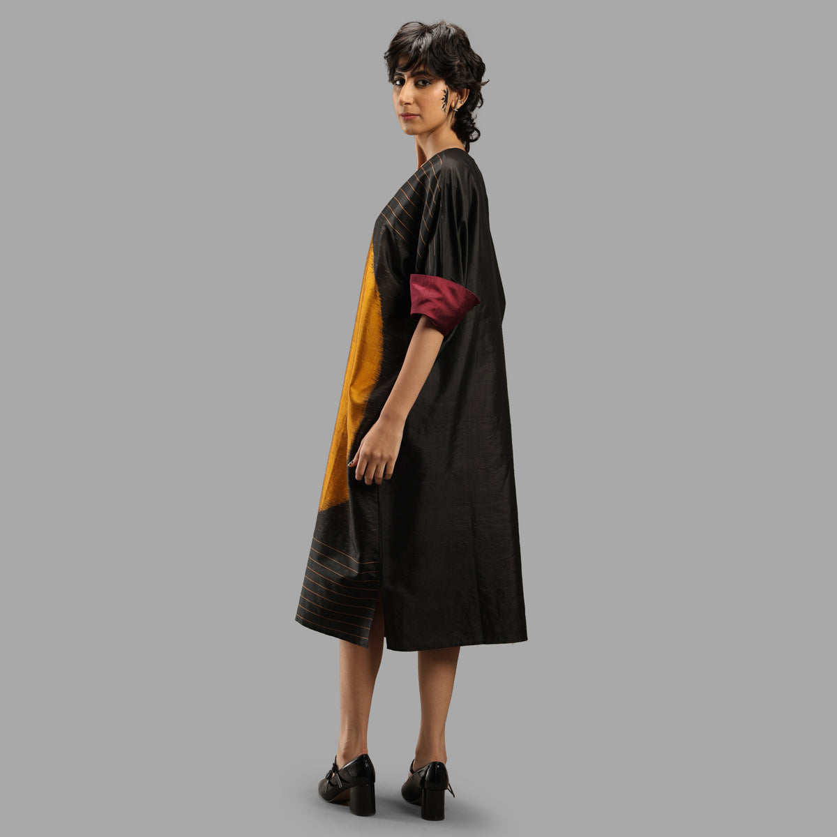 Handwoven Ikat Silk Kaftan Dress- Shunya Black