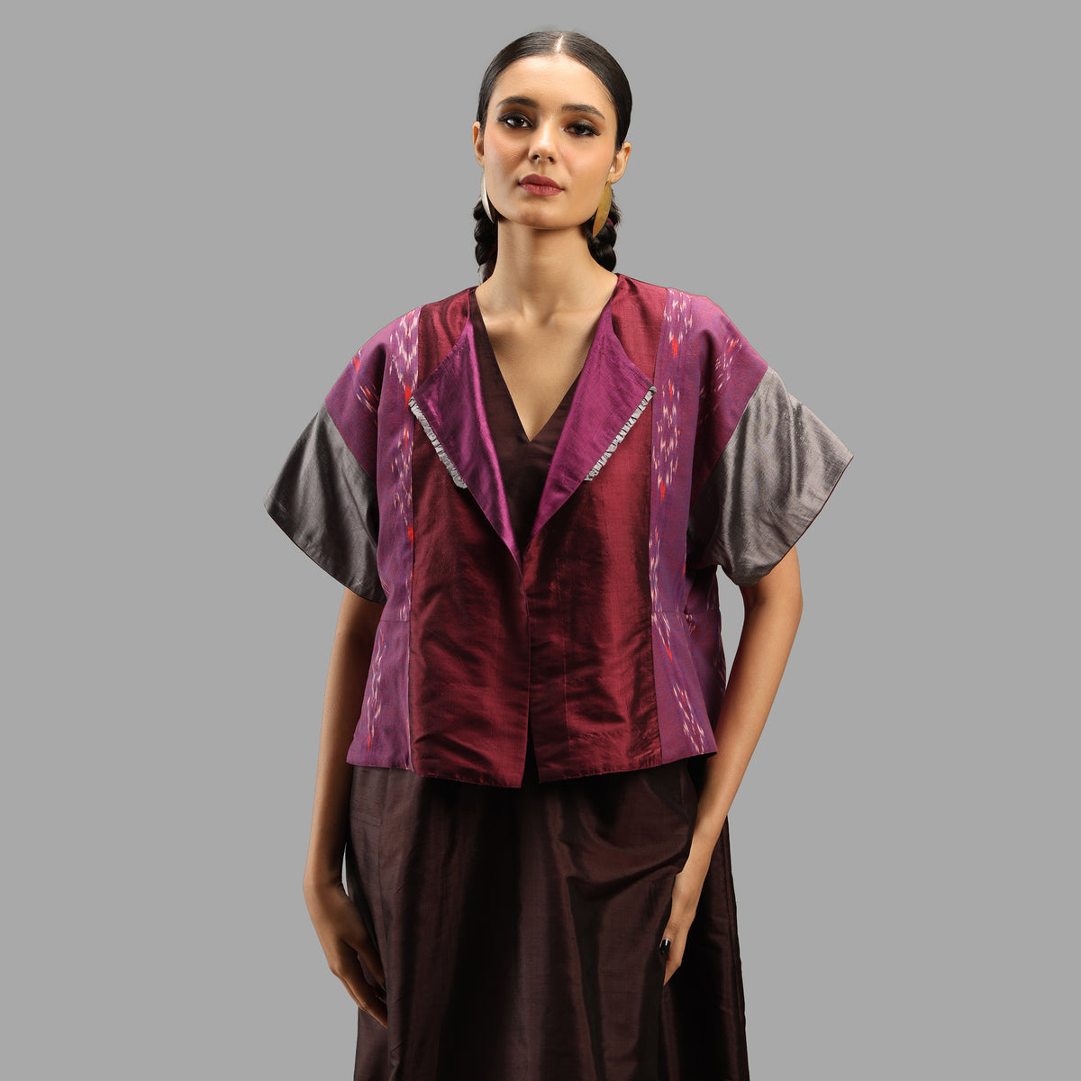 Handwoven Ikat Silk Paneled Jacket- Pink