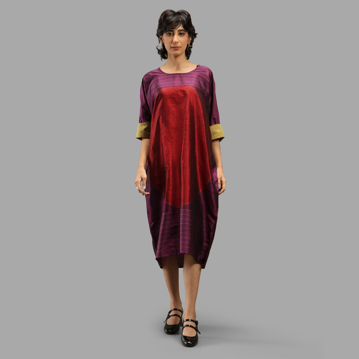 Handwoven Ikat Silk Kaftan Dress- Shunya Purple