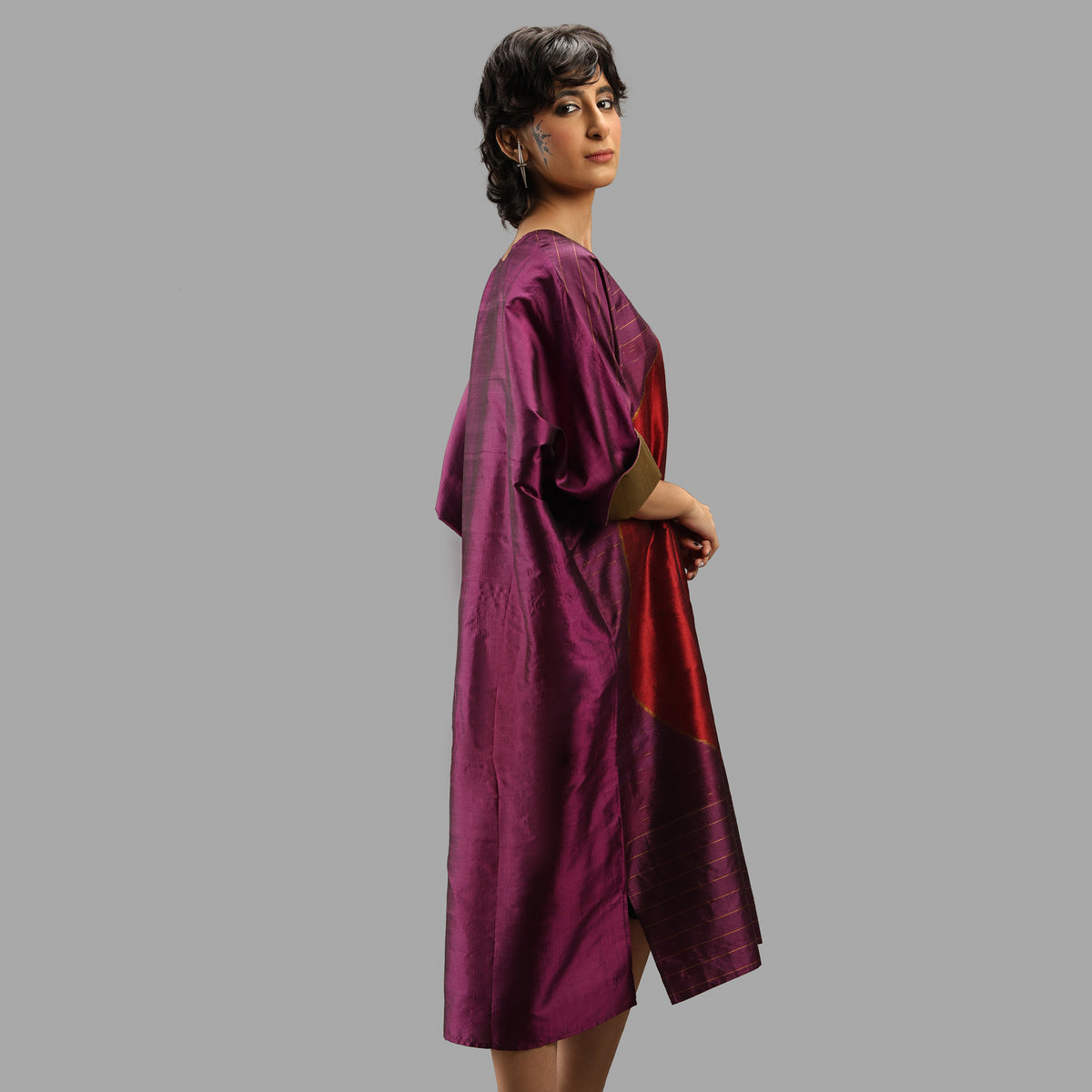 Handwoven Ikat Silk Kaftan Dress- Shunya Purple
