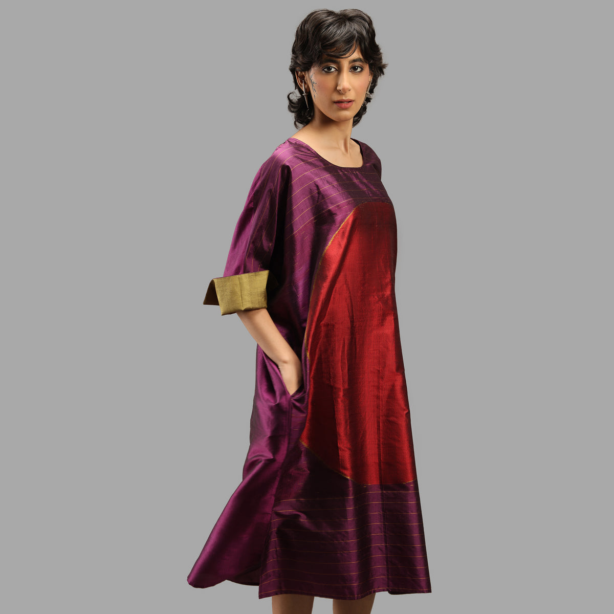 Handwoven Ikat Silk Kaftan Dress- Shunya Purple